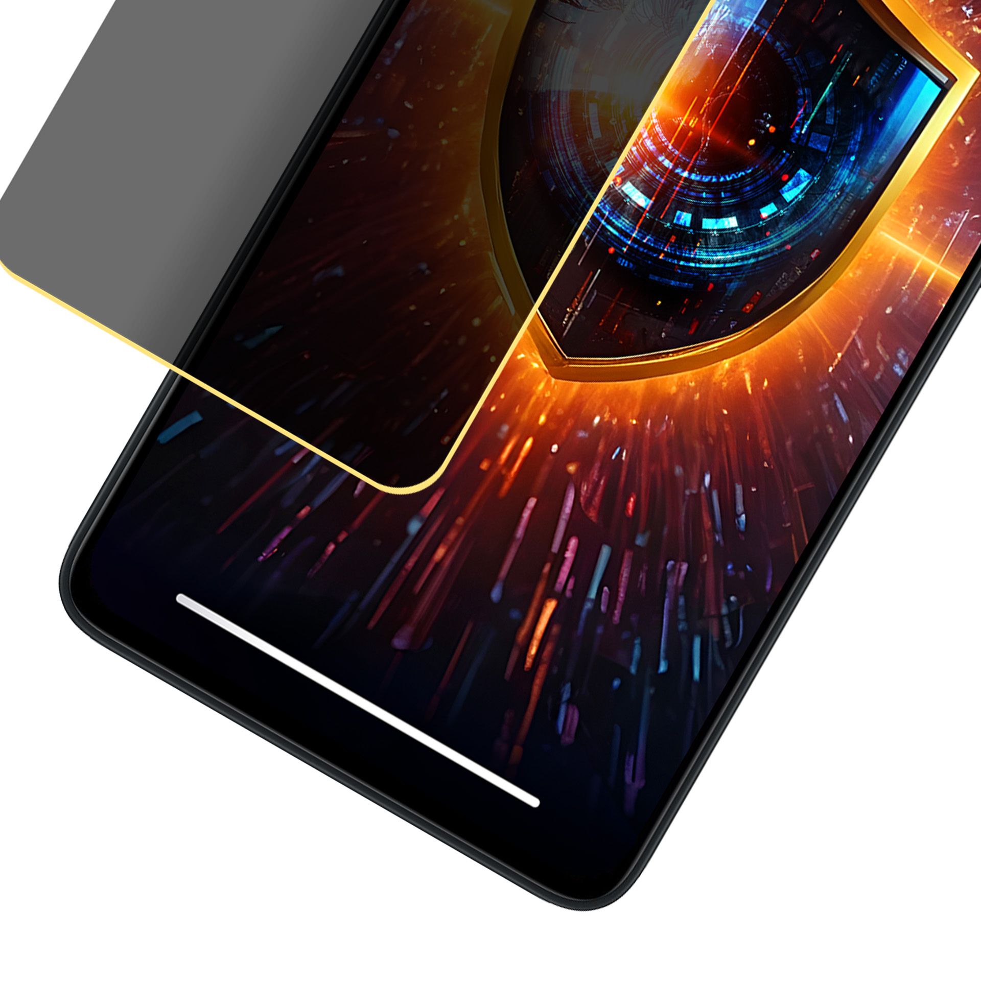 Smartphone con protezione schermo. Lo schermo mostra uno scudo digitale con colori vivaci su sfondo scuro.