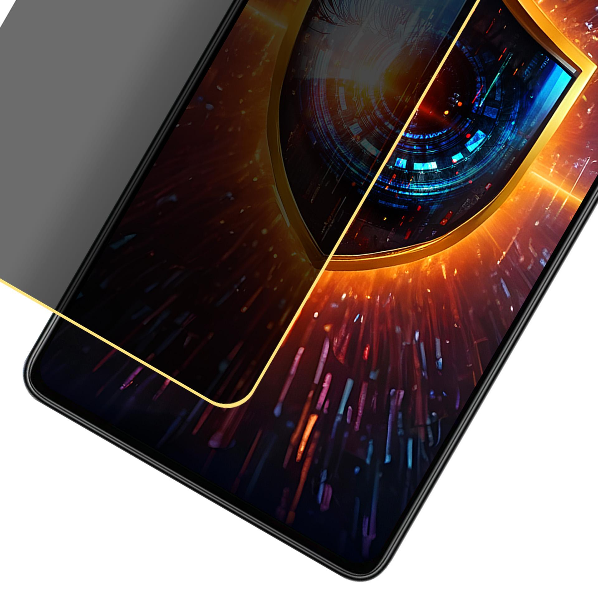 Schermo del telefono con un design a occhio luminoso ed effetti di luce astratti. È visibile uno schermo per la privacy.
