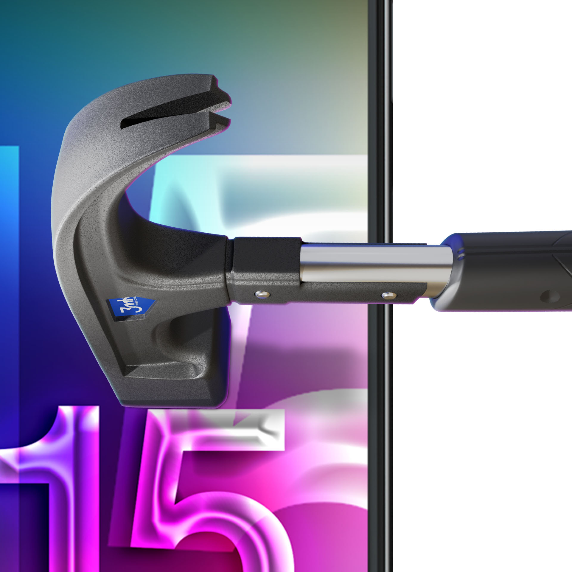 Szary młotek skierowany w stronę białego ekranu. Tło to gradient niebieskiego i różowego z widoczną liczbą 15.