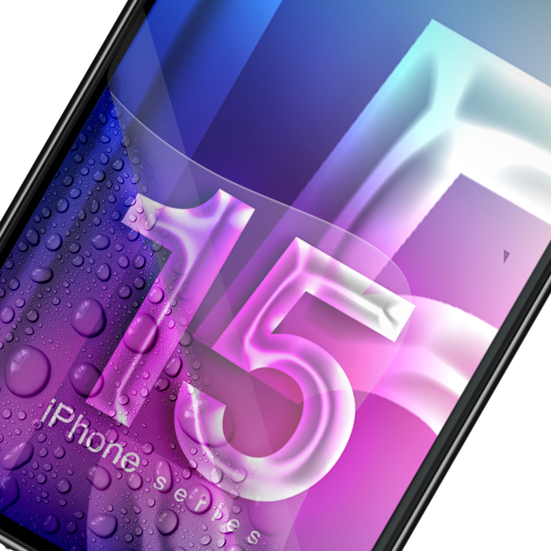 Ekran iPhone'a z białą liczbą 15 i kroplami wody. iPhone jest czarny.
