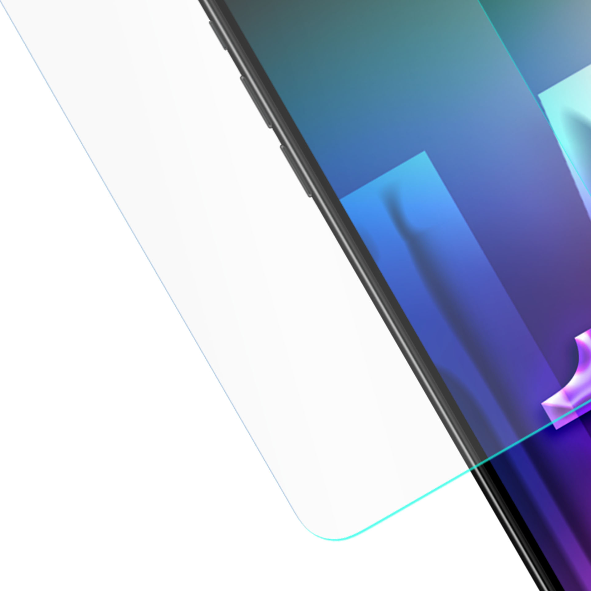 Smartfon z ochraniaczem ekranu, wyświetlający gradient niebieskiego i fioletowego. Telefon jest pod kątem.