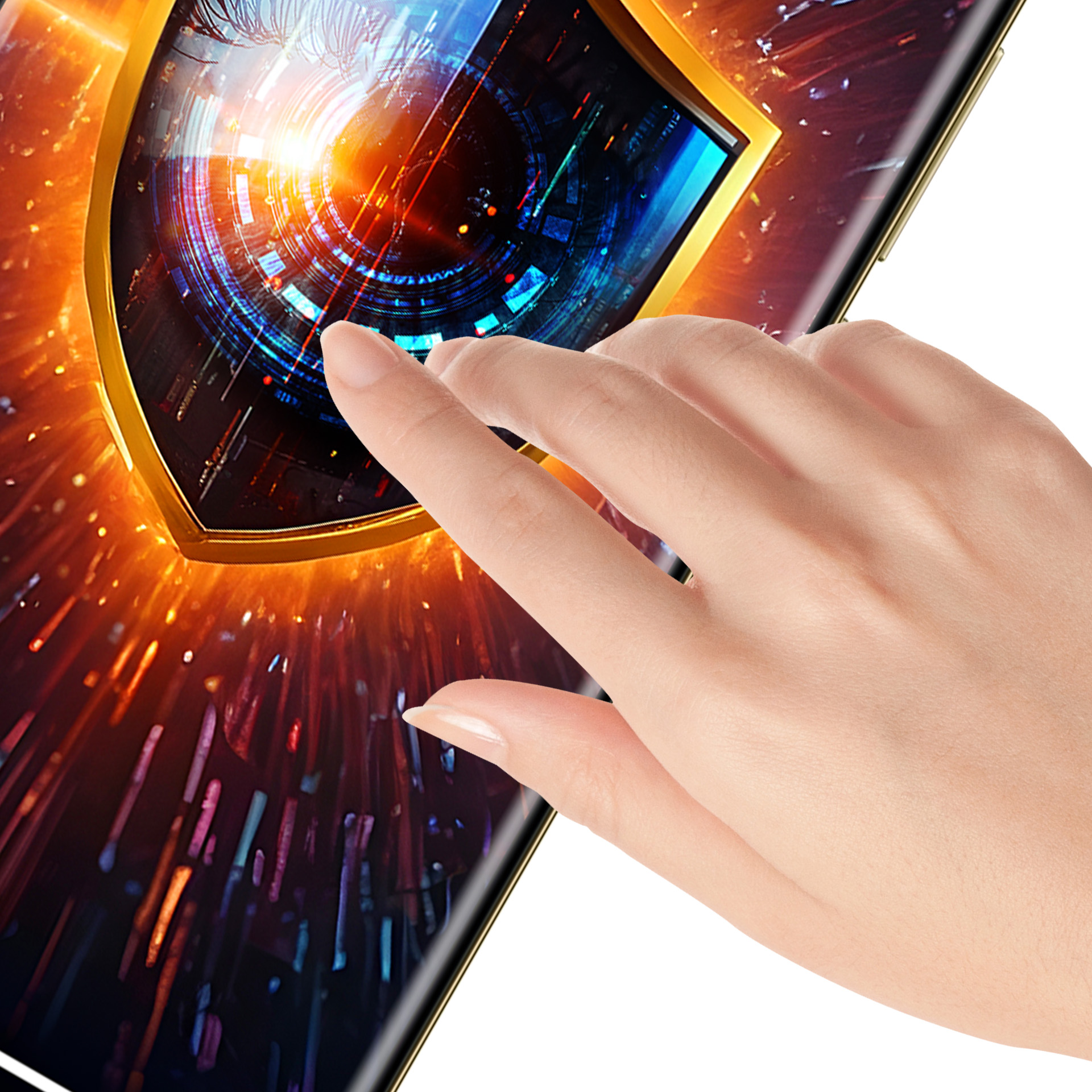 Una mano tocca lo schermo di un telefono che mostra uno scudo. Lo schermo mostra un'interfaccia futuristica con luci blu e arancioni.