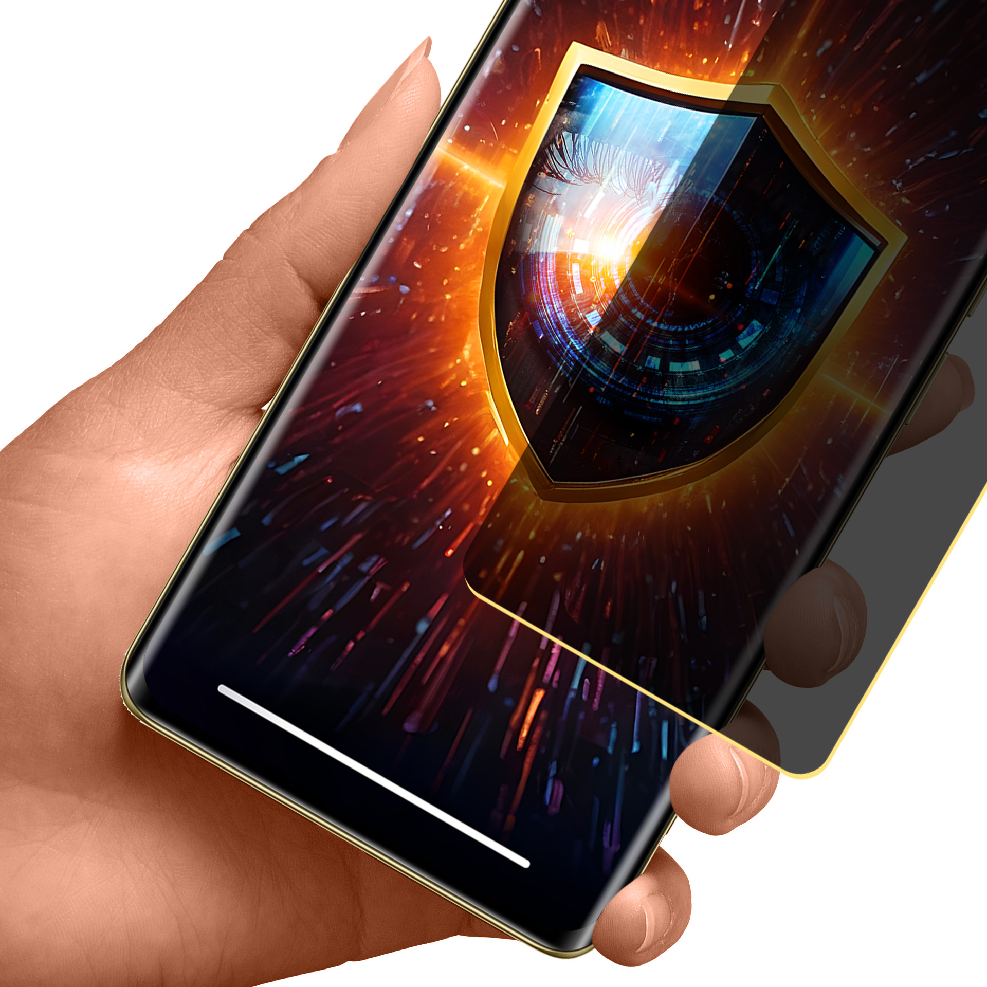 Mano che tiene uno smartphone con cornice dorata. Lo schermo mostra uno scudo d'oro con motivi digitali, suggerendo sicurezza.