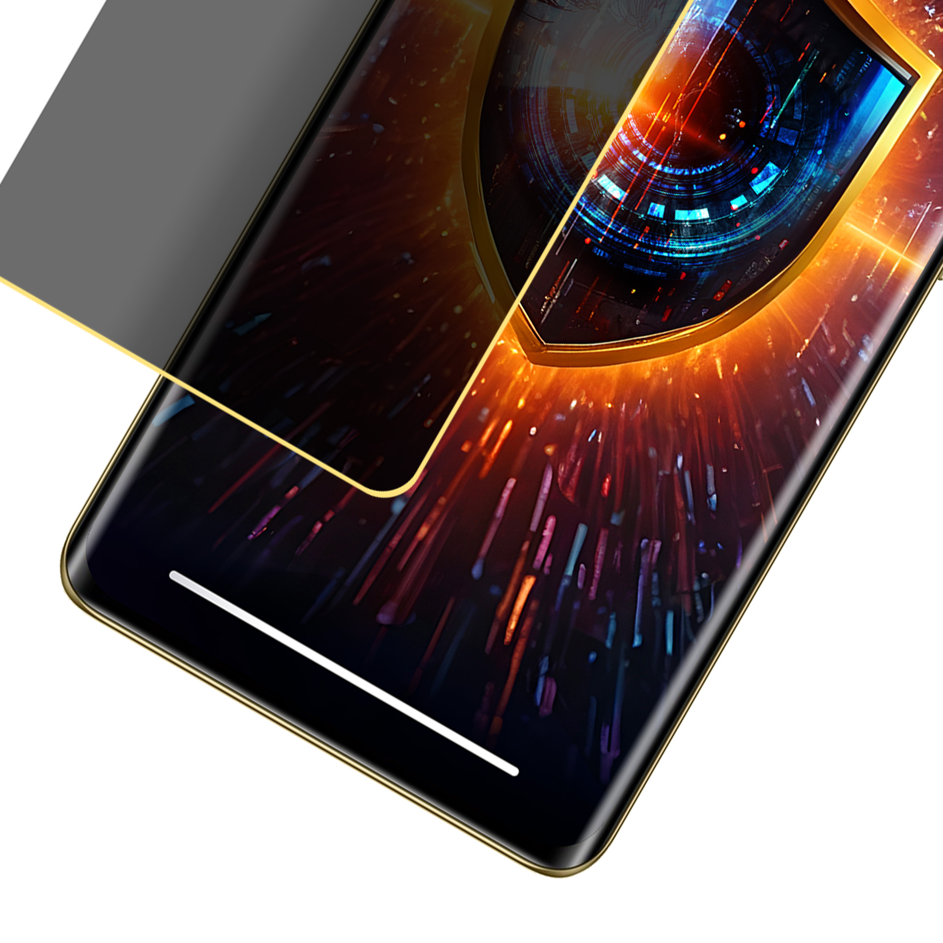 Smartphone con protezione schermo, bordo dorato e design futuristico con grafica a scudo.