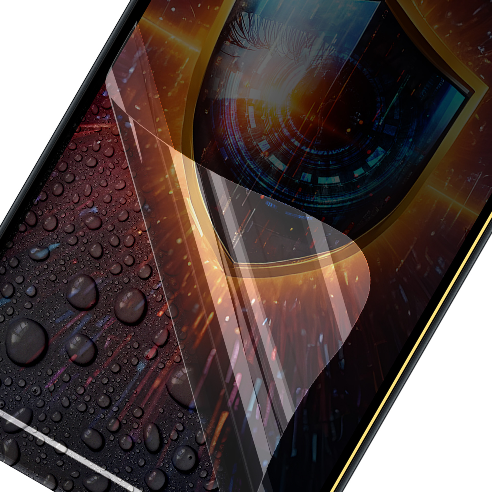 Ochraniacz ekranu na cyfrowym obrazie oka. Ekran ma krople wody. Tło to cyfrowe miasto.