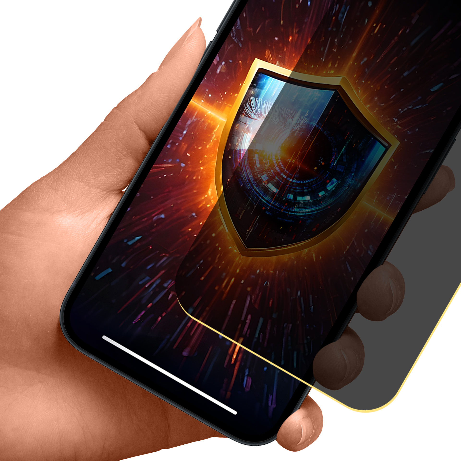 Ręka trzyma telefon z grafiką tarczy. Ochraniacz ekranu jest widoczny. Tło jest białe.