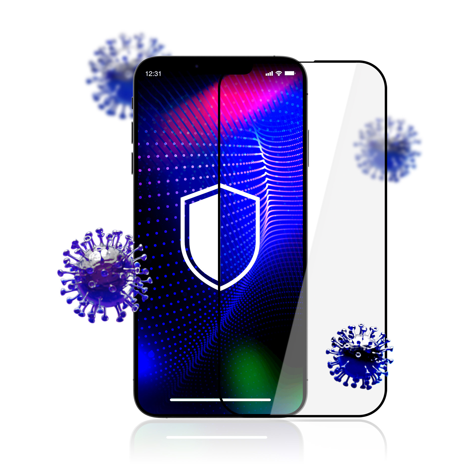Smartphone con protezione schermo e icona scudo, circondato da illustrazioni di virus sfocate, su sfondo bianco.