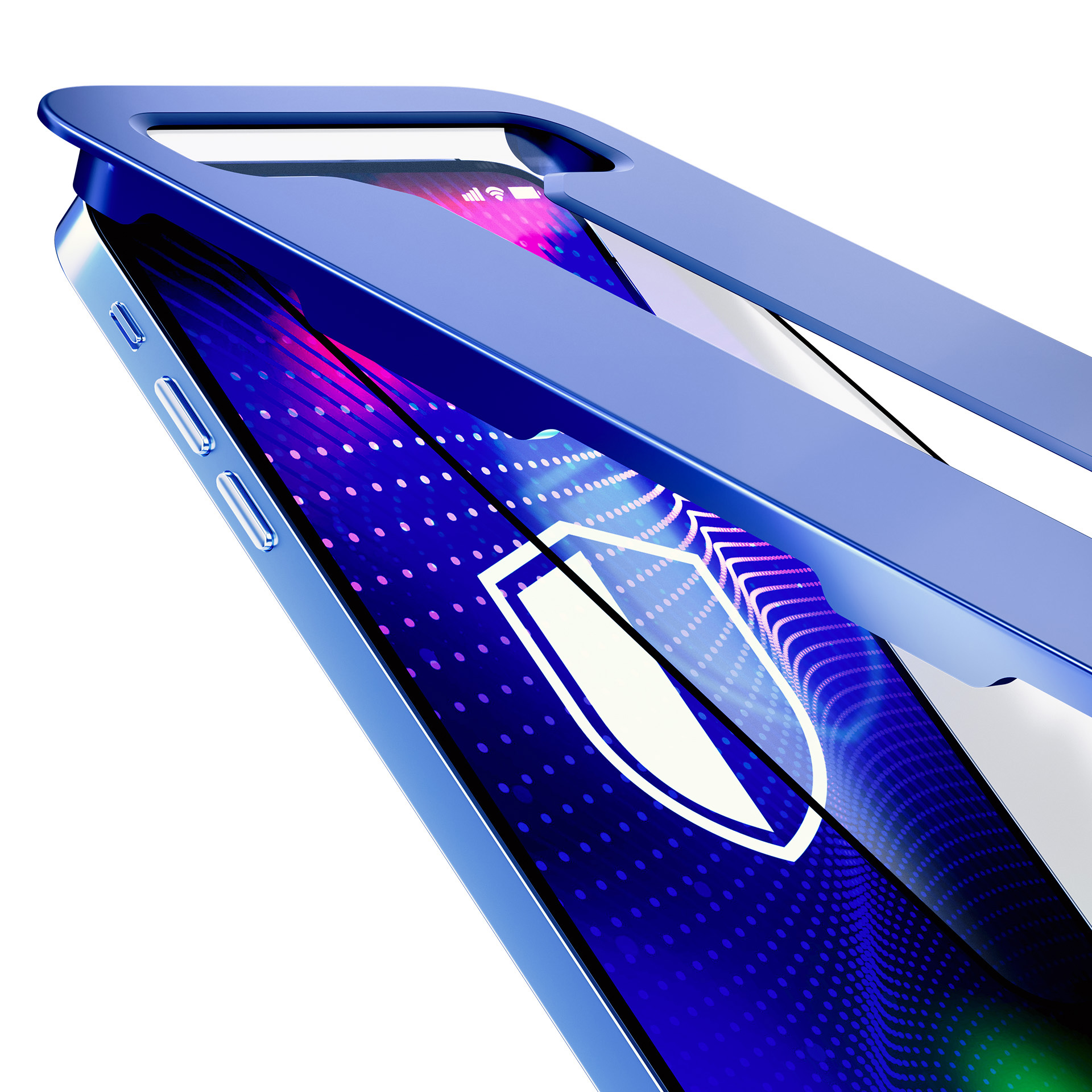 Una custodia blu per telefono copre parzialmente lo schermo del telefono. Lo schermo mostra un'icona di scudo di sicurezza. Sfondo bianco.