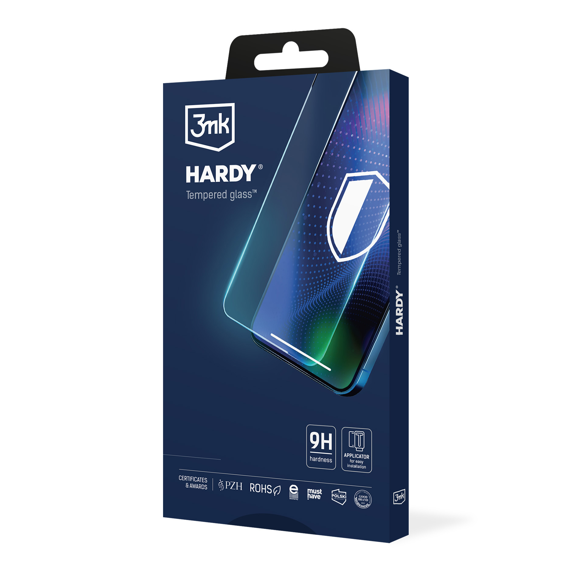 Scatola di vetro temperato 3mk HARDY. Protezione schermo con logo scudo, durezza 9H e applicatore per una facile installazione.