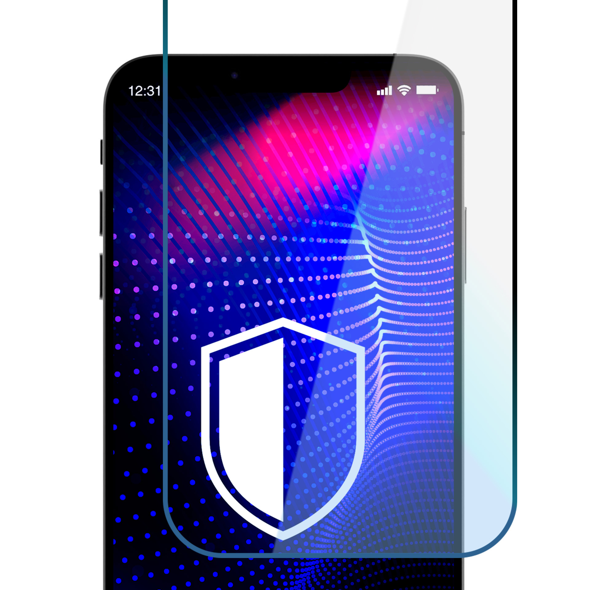 Lo schermo del telefono mostra un'icona a scudo bianca, sovrapposta a uno sfondo con motivi blu e rosa. È applicata una protezione per lo schermo.