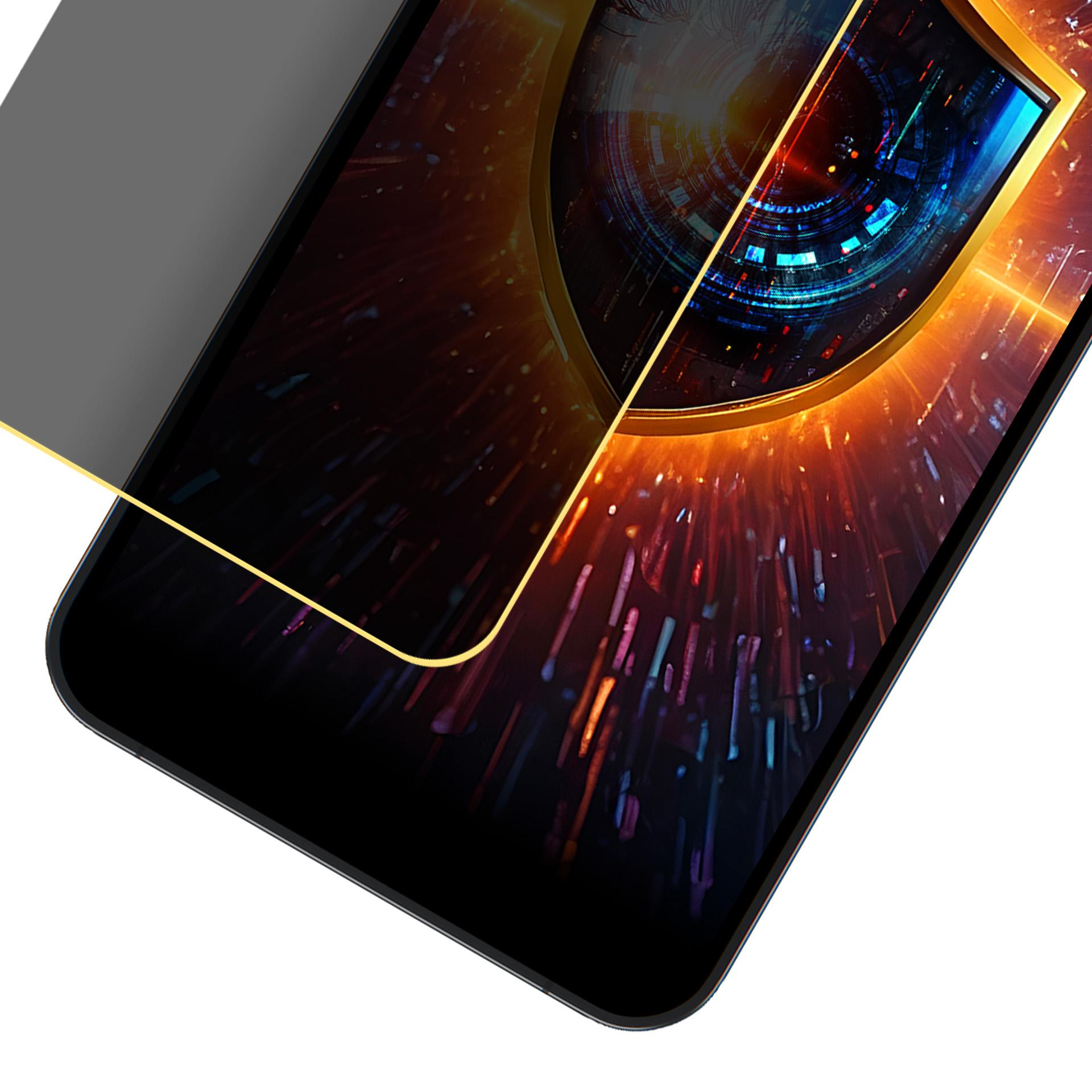 Smartfon prezentuje futurystyczny design ze złotą ramką. Ekran wyświetla złożony, kolorowy wzór.