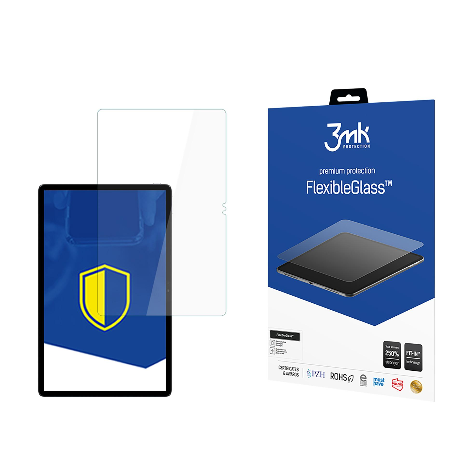Un proteggi schermo e un tablet sono visualizzati con la confezione. La confezione mostra il nome e le caratteristiche del prodotto.