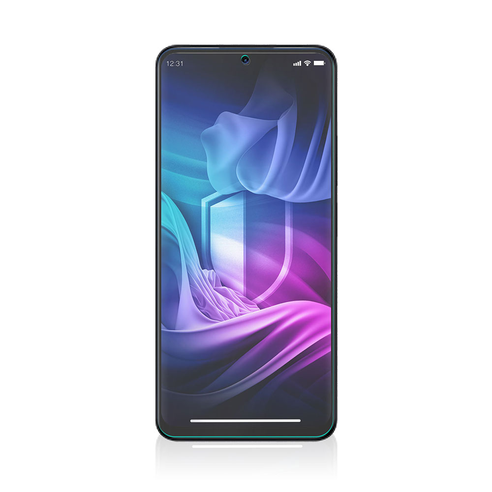 Schermo di smartphone con un design a scudo. I colori sono blu, viola e bianco. L'ora e il segnale sono visibili in alto.