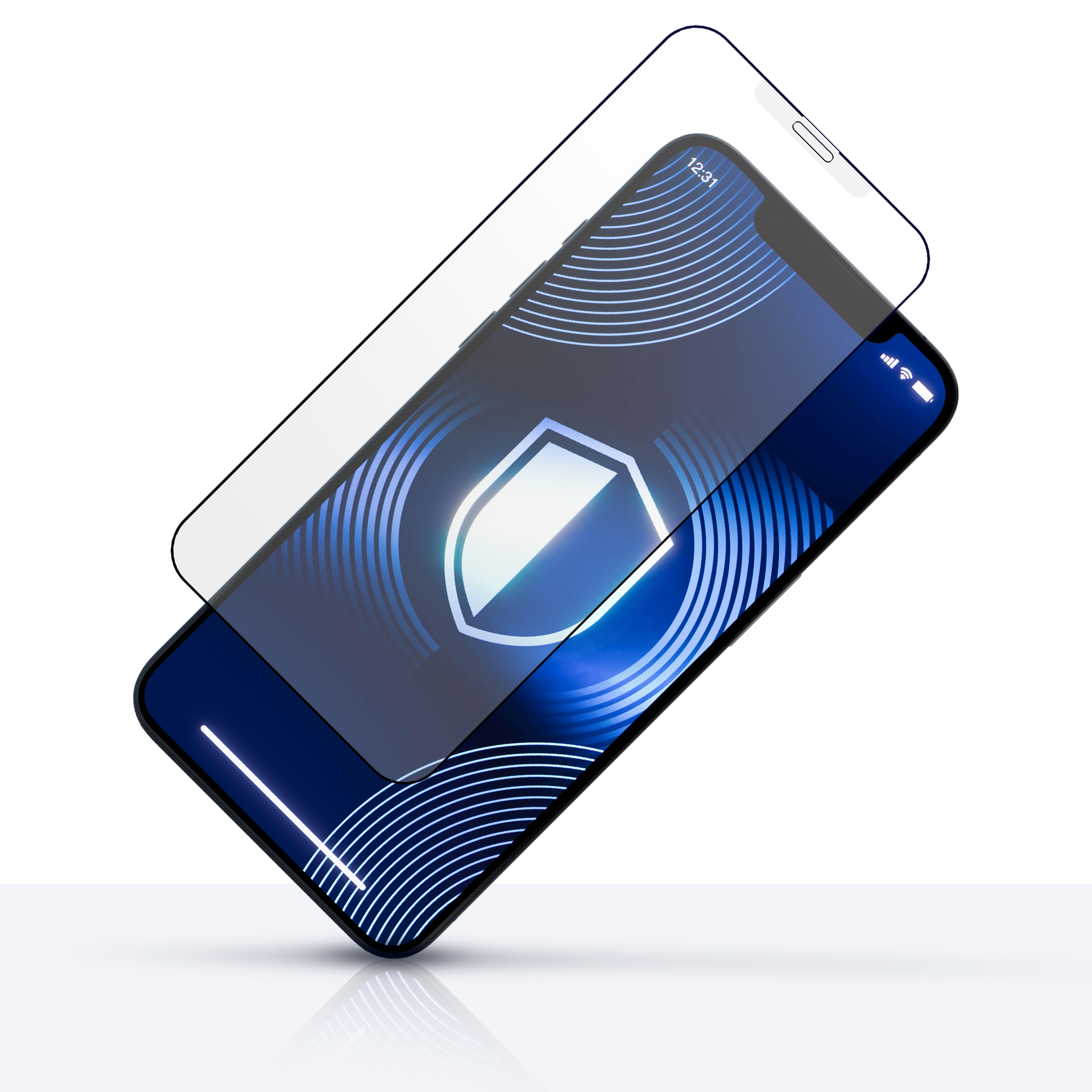 Smartfon z ochraniaczem ekranu. Telefon wyświetla ikonę tarczy. Ochraniacz jest nad ekranem. Białe tło.