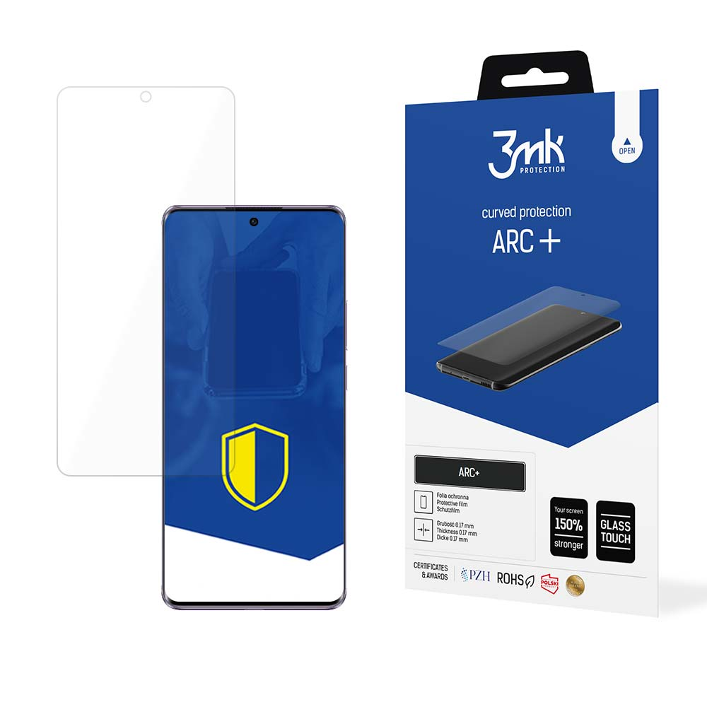 Uno smartphone, una protezione schermo e una confezione con il marchio 3mk. La confezione dice ARC+ e ha il vetro touch.