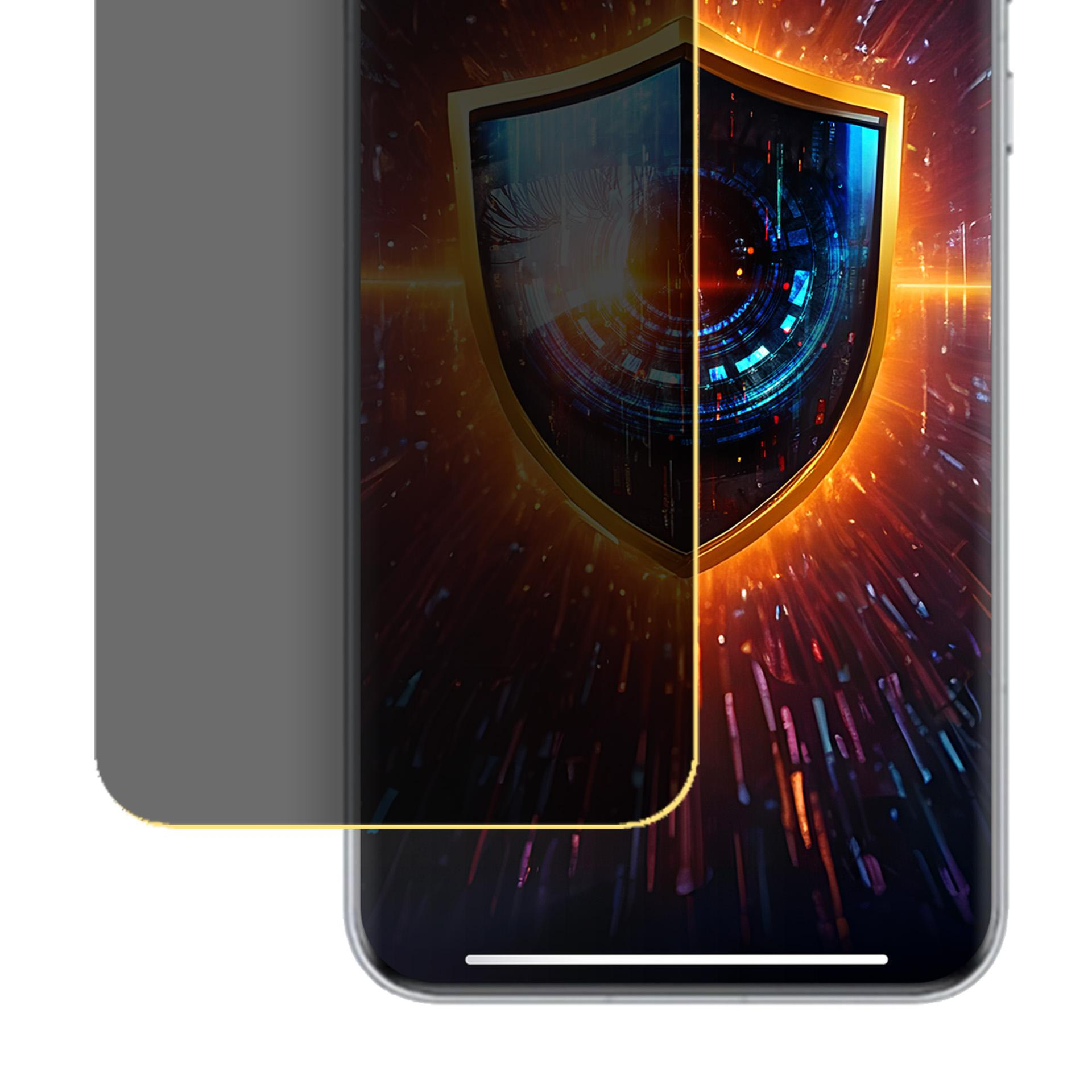 Schermo del telefono con grafica scudo di sicurezza, parzialmente coperto da una protezione privacy. Lo scudo ha un occhio.