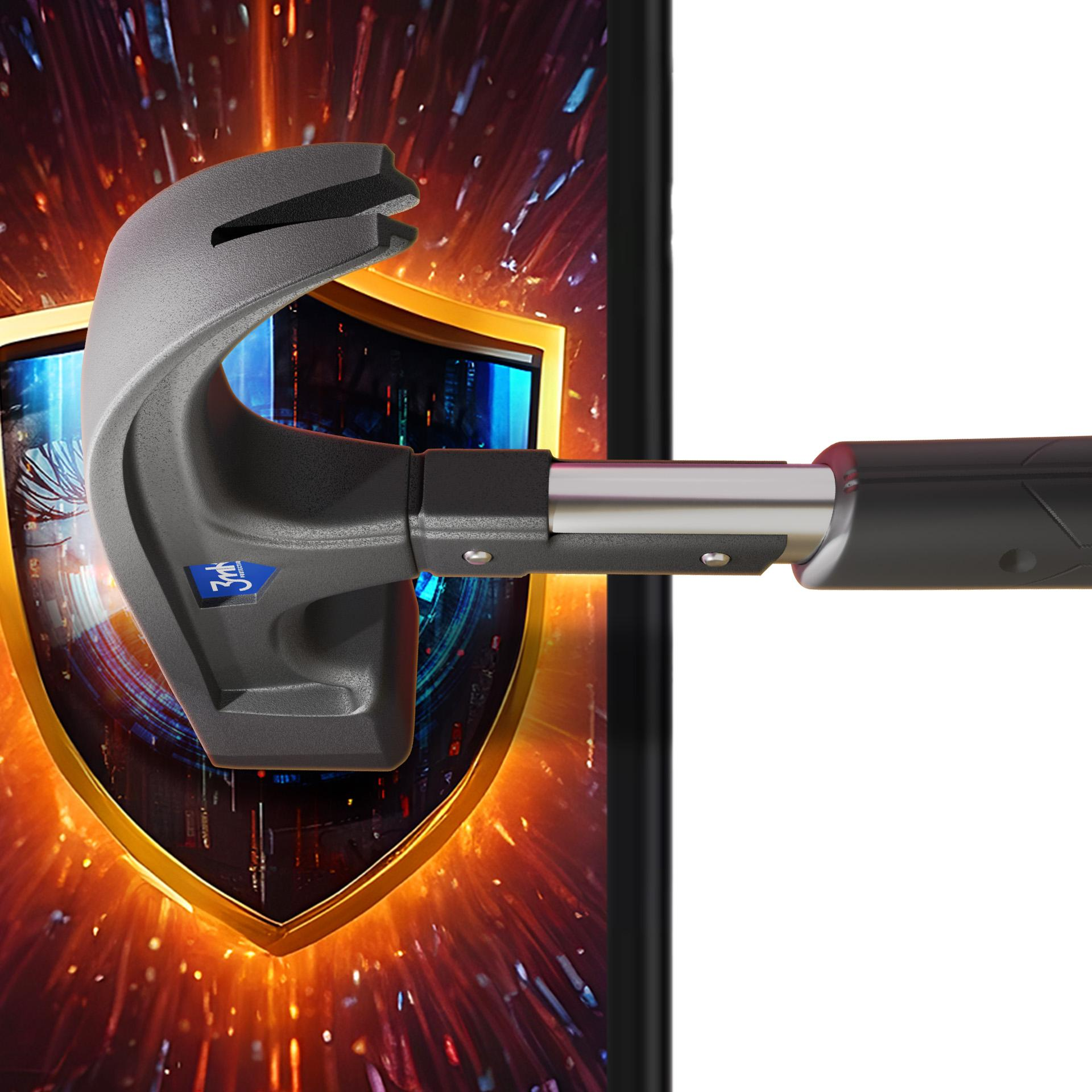 Młot rozbija tarczę na telefonie. Tarcza jest złota, a telefon na białym tle. Pomarańczowa i niebieska poświata.