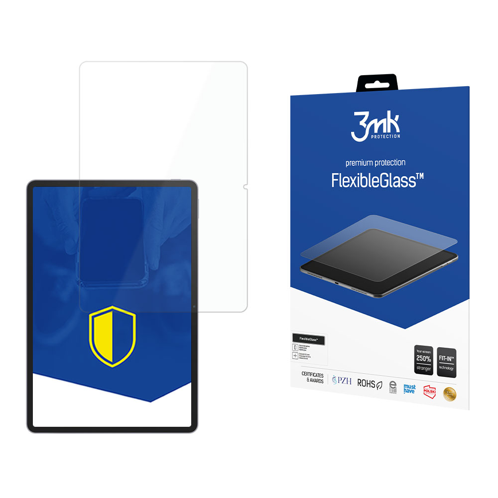 Un tablet con un proteggi schermo e una scatola di FlexibleGlass. La scatola è blu con testo bianco e un'immagine di un tablet.