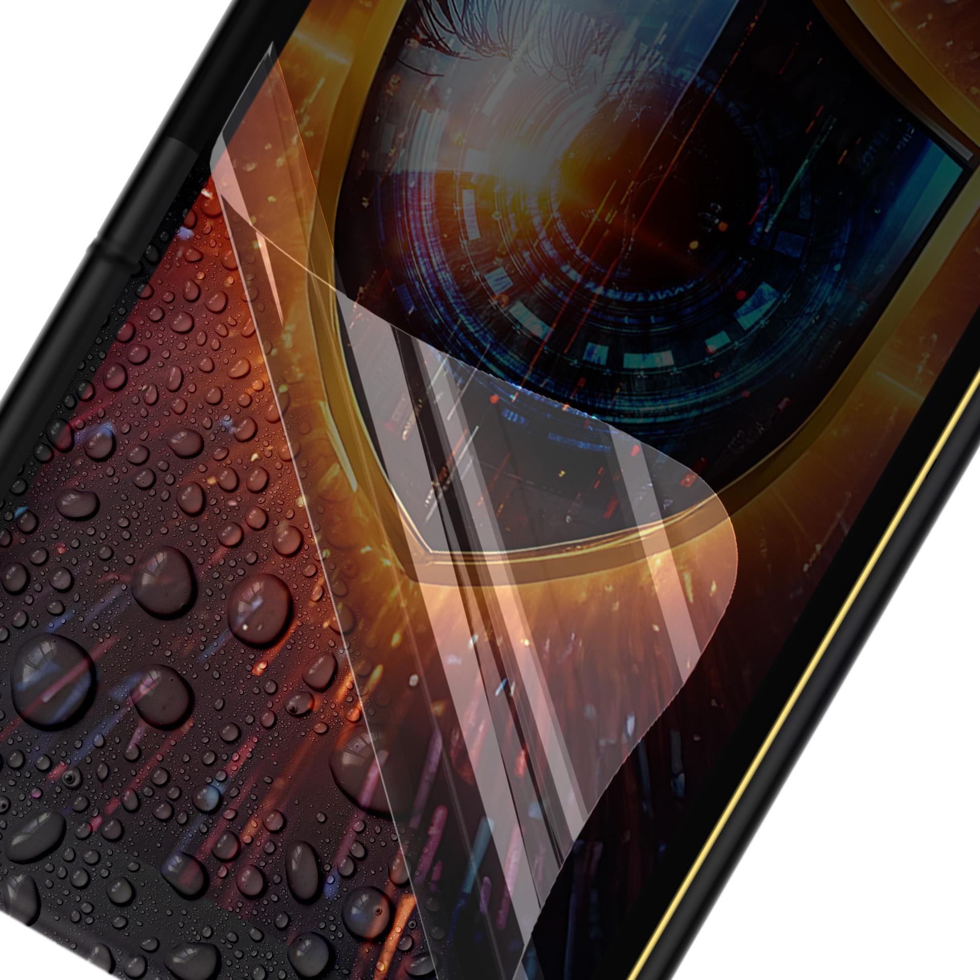 Ochrona ekranu telefonu z kroplami wody. Ekran pokazuje futurystyczny design miasta. Czarna ramka telefonu i złote wykończenie.