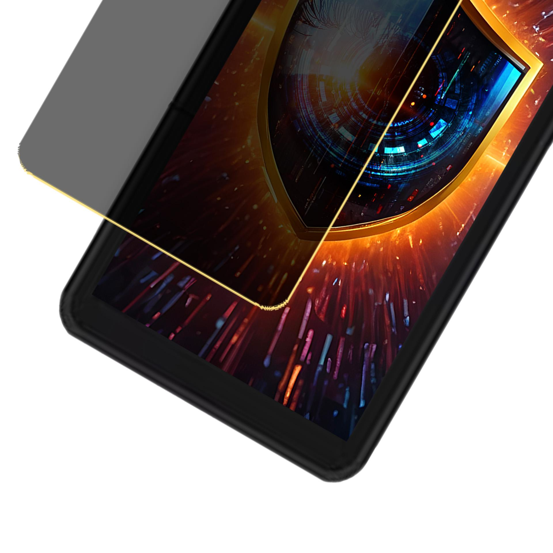 Tablet z ochraniaczem ekranu. Ekran wyświetla ikonę tarczy i kolorową grafikę abstrakcyjną. Czarna ramka i białe tło.