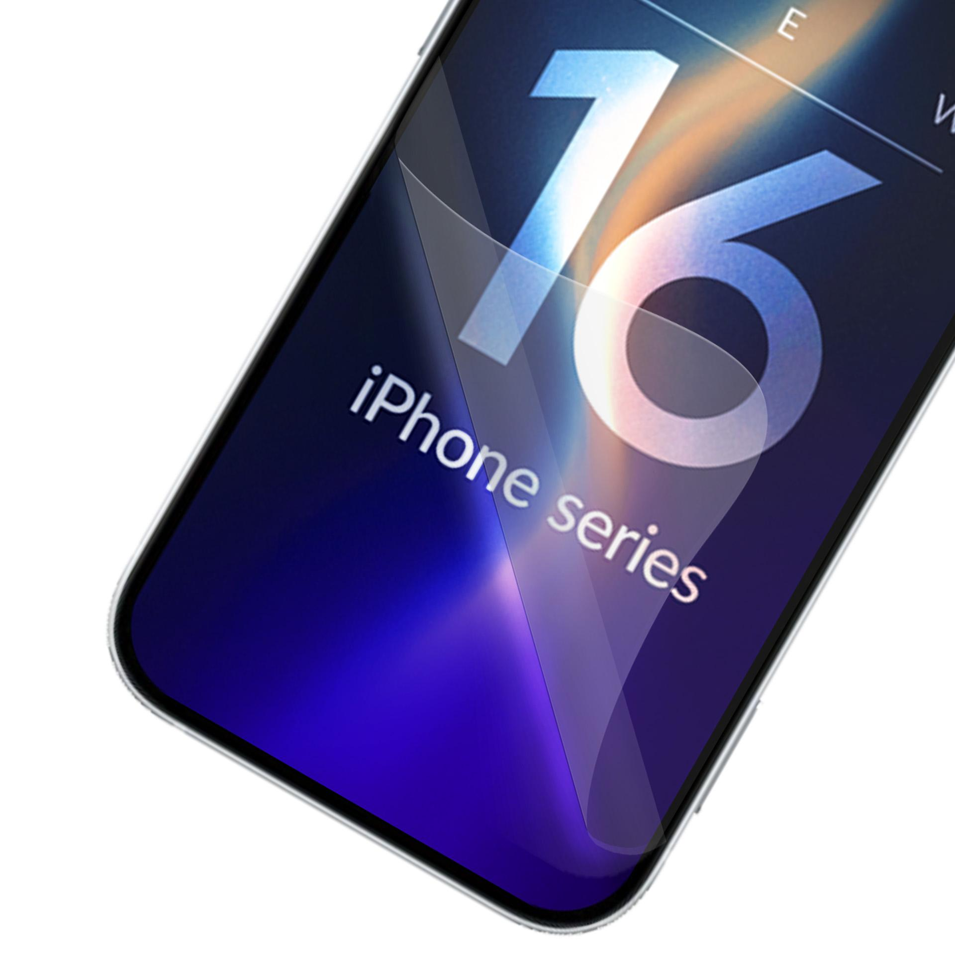 Ekran iPhone'a wyświetla '16' i 'iPhone series'. Folia ochronna odkleja się. Białe tło.