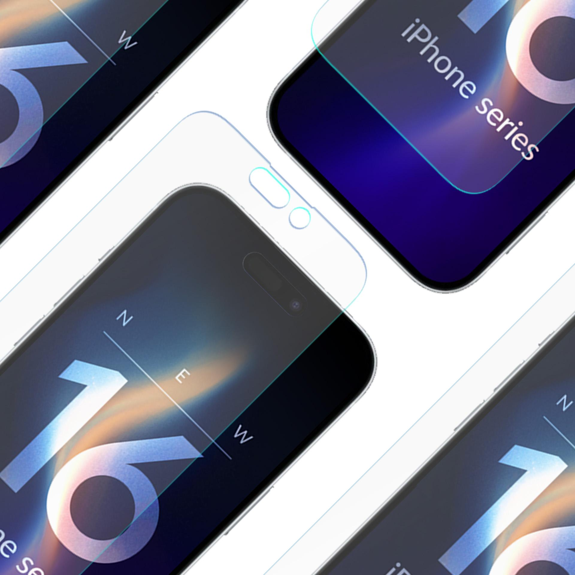 Kilka smartfonów z ochraniaczami ekranu, z tekstem iPhone series i 16 na ekranach, na białym tle.