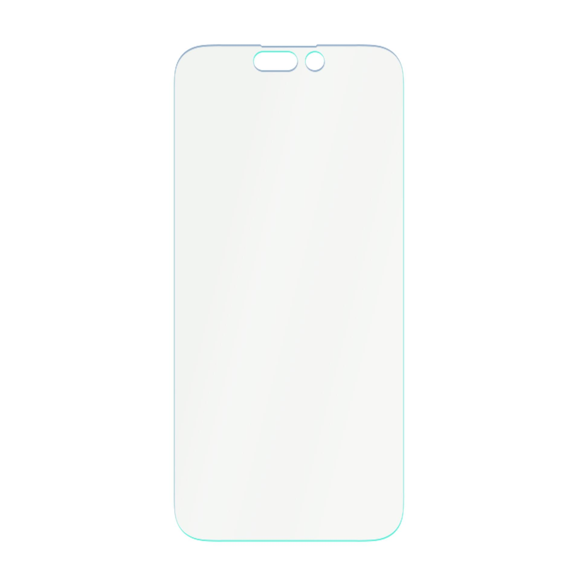 Przezroczysta, prostokątna osłona ekranu, z zaokrąglonymi rogami i wcięciem. Ma jasnoniebieski kontur na białym tle.