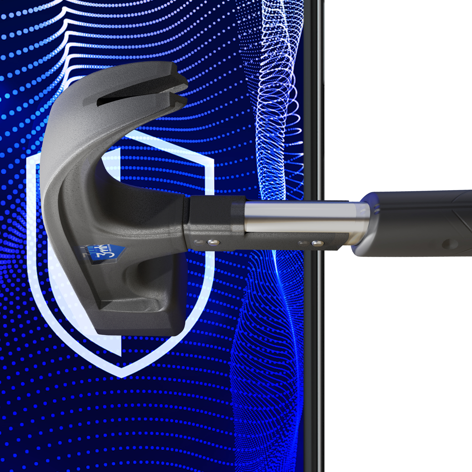 Szara głowica młotka na niebieskim tle w kropki. Na tle biała tarcza, po prawej telefon.