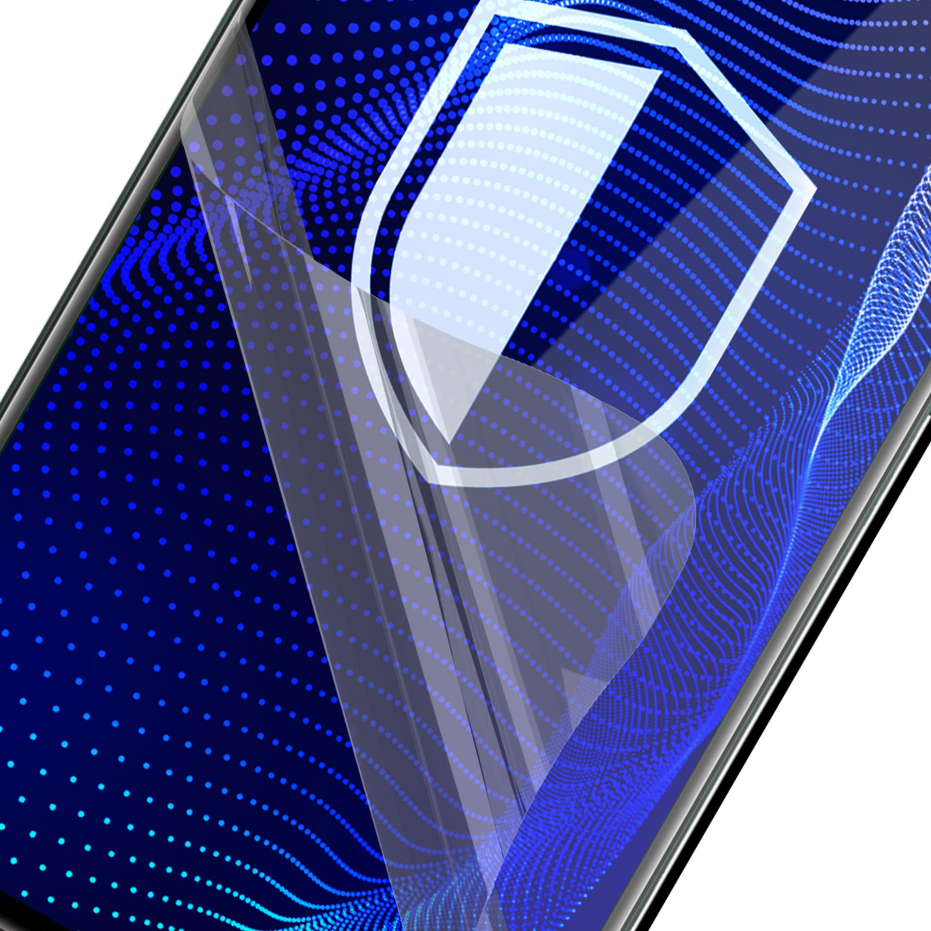 Uno schermo di smartphone mostra un'icona a scudo. Lo sfondo è blu scuro con un motivo a punti ondulati. Lo schermo è angolato.