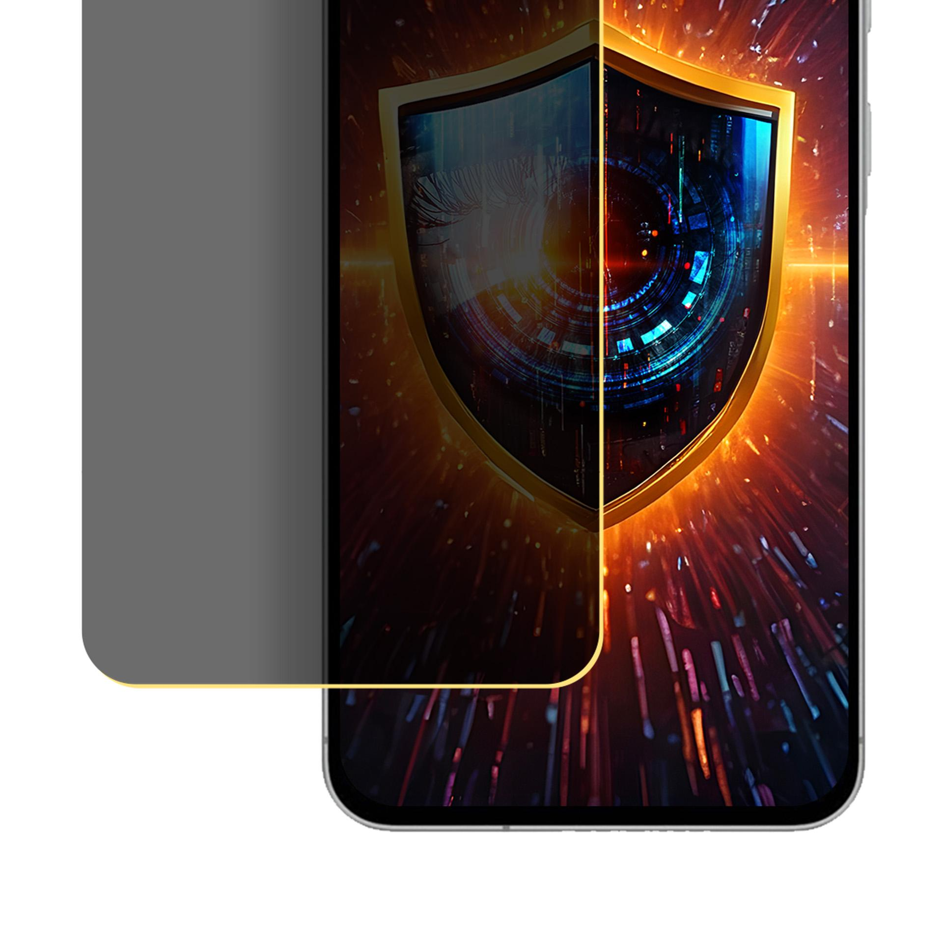 Smartfon z ochraniaczem ekranu. Ekran wyświetla cyfrowe oko w złotej tarczy, z ciemnoszarym odcieniem.