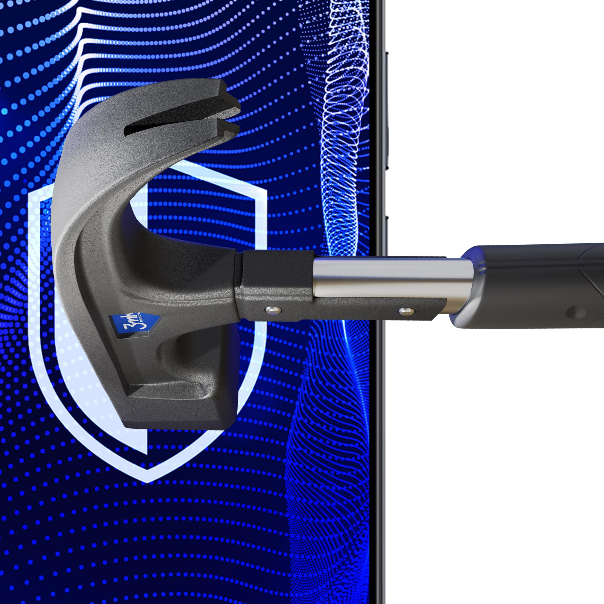 Szary młotek nad telefonem. Tło przedstawia cyfrową tarczę i niebieskie kropki.