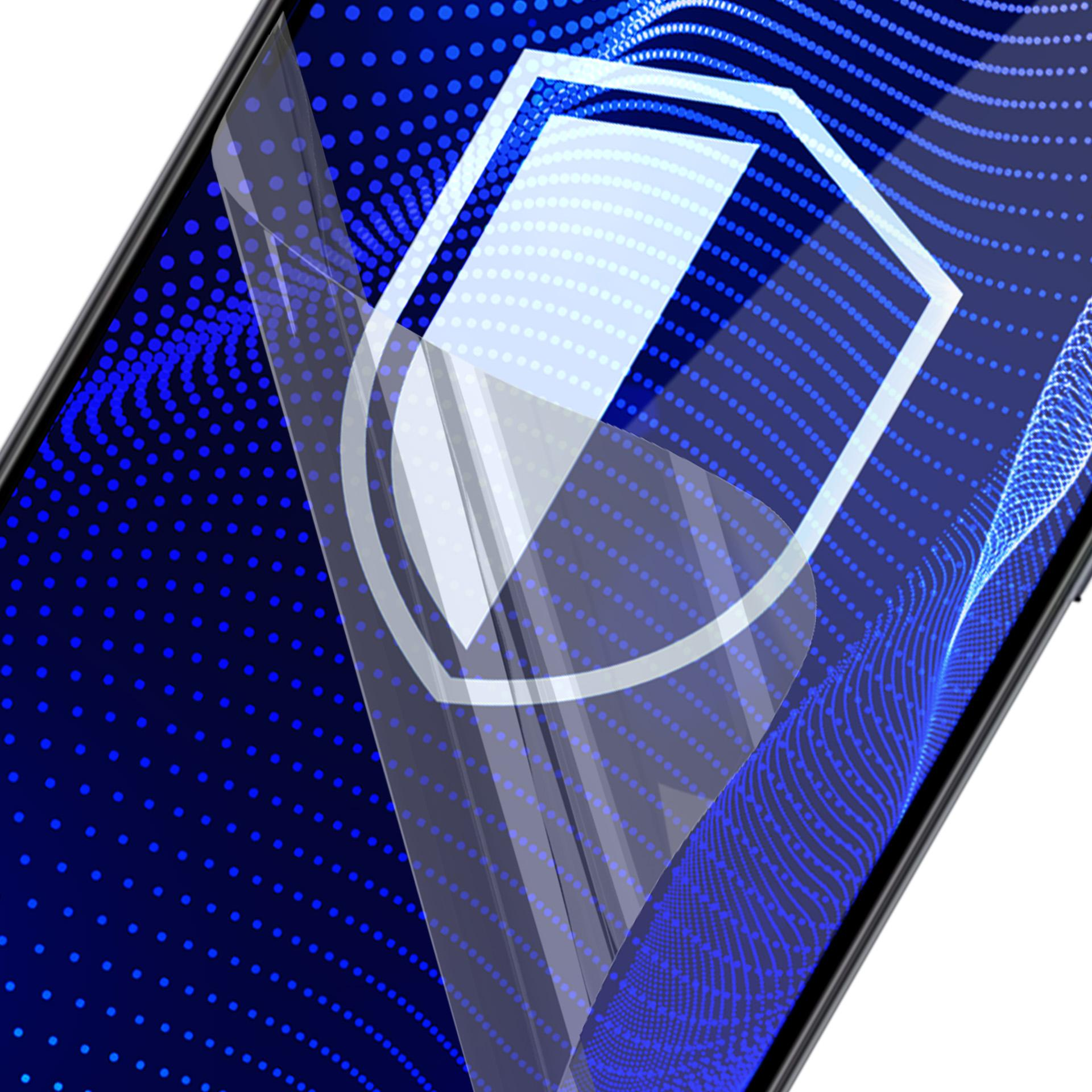 Ekran telefonu z ochraniaczem. Niebieski wzór z białą nakładką w kształcie tarczy.