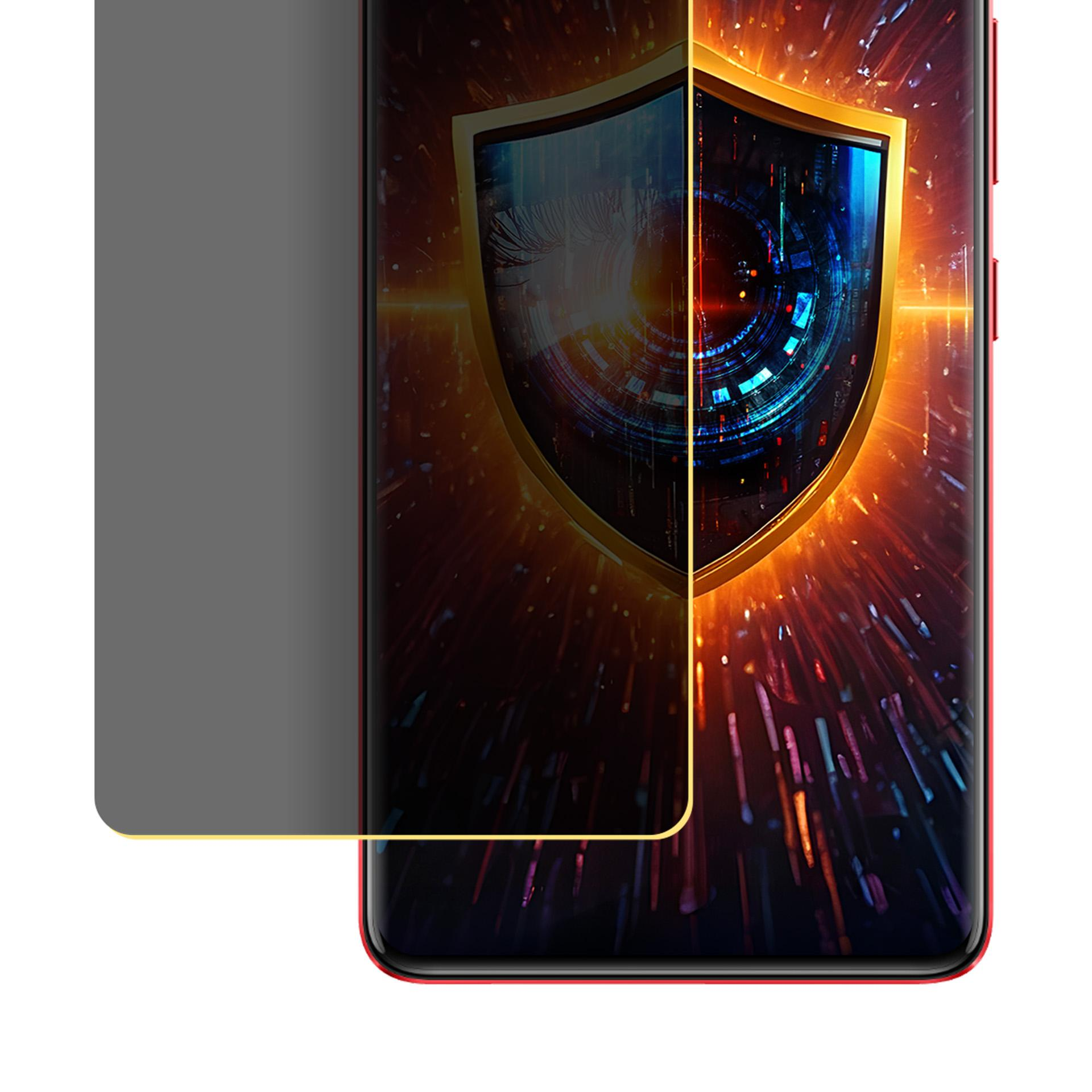 Schermo smartphone con grafica scudo, protezione privacy e cornice rossa.