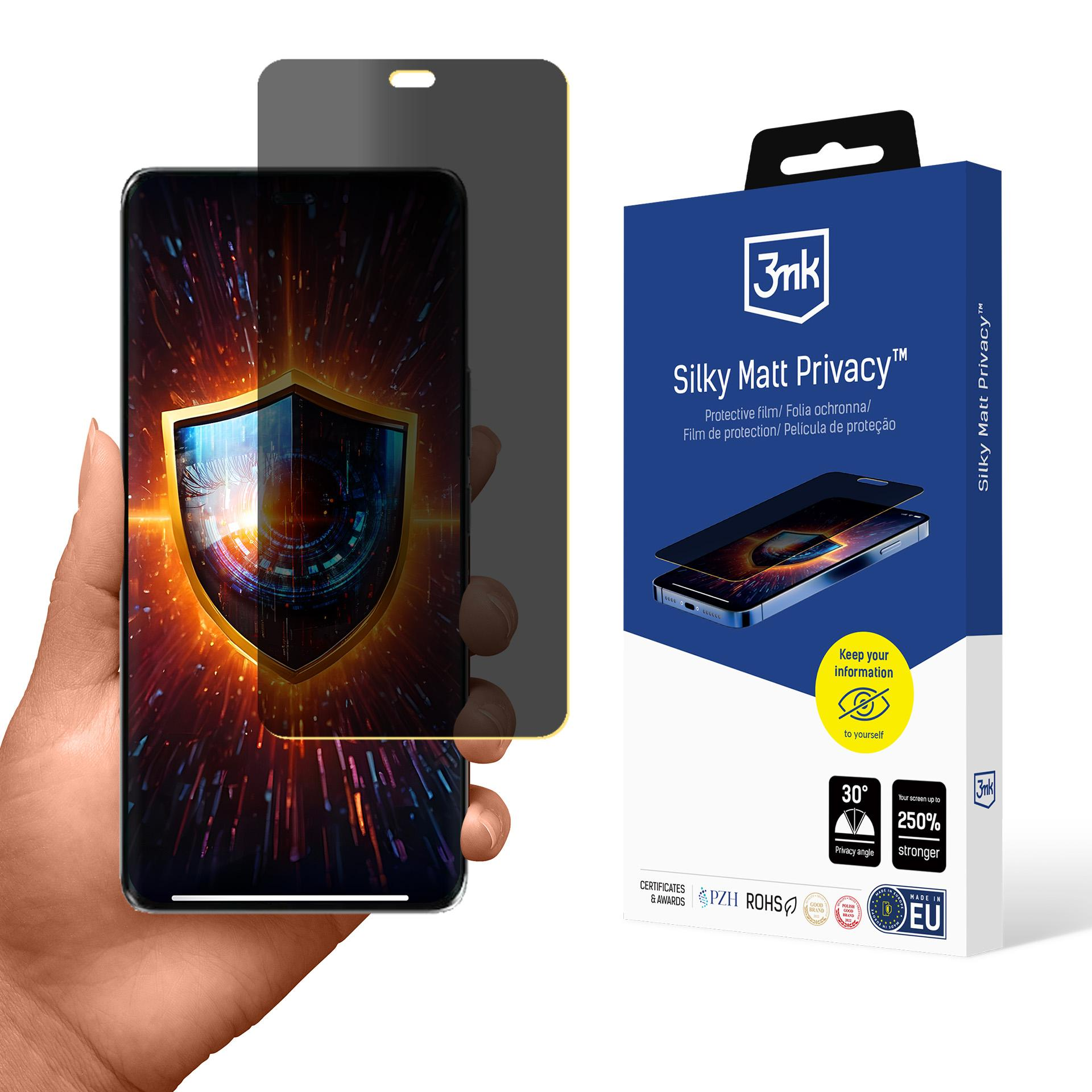 Una mano tiene un telefono con protezione privacy e una confezione del prodotto 'Silky Matt Privacy' con il logo 3mk.