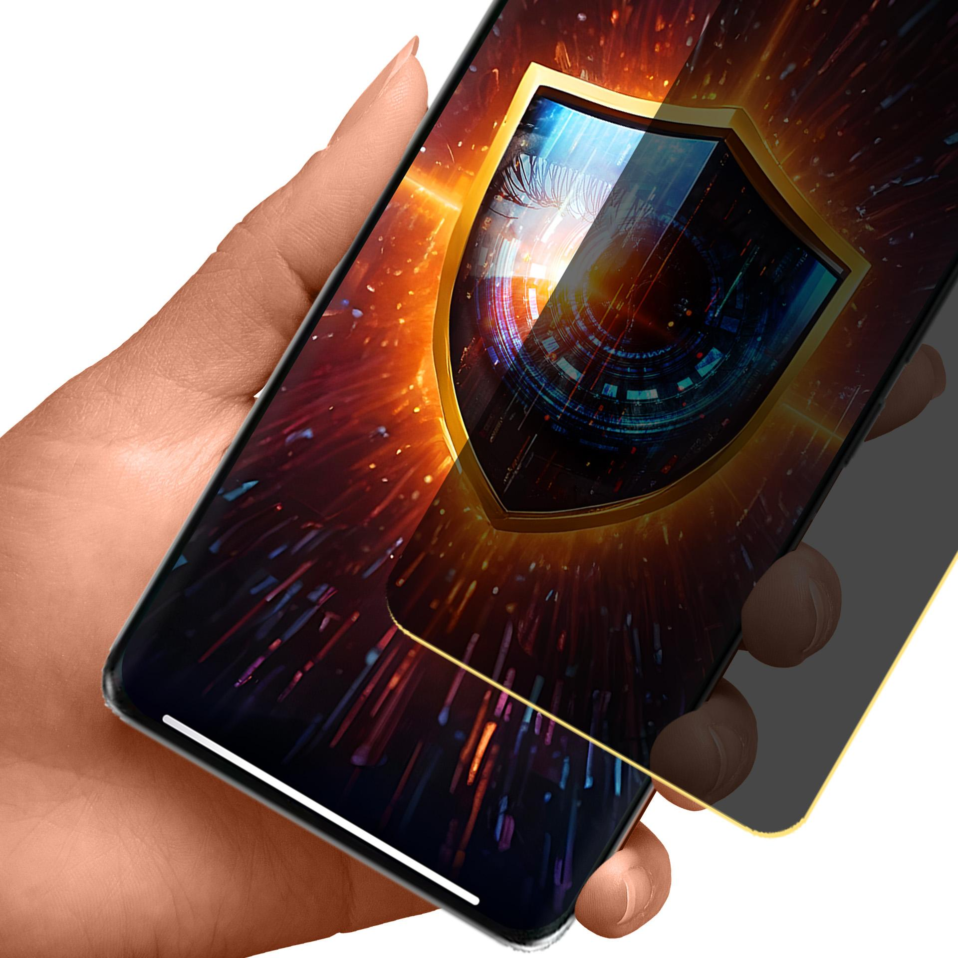 Mano che tiene un telefono con una grafica a scudo sullo schermo. Lo schermo è protetto da una protezione.