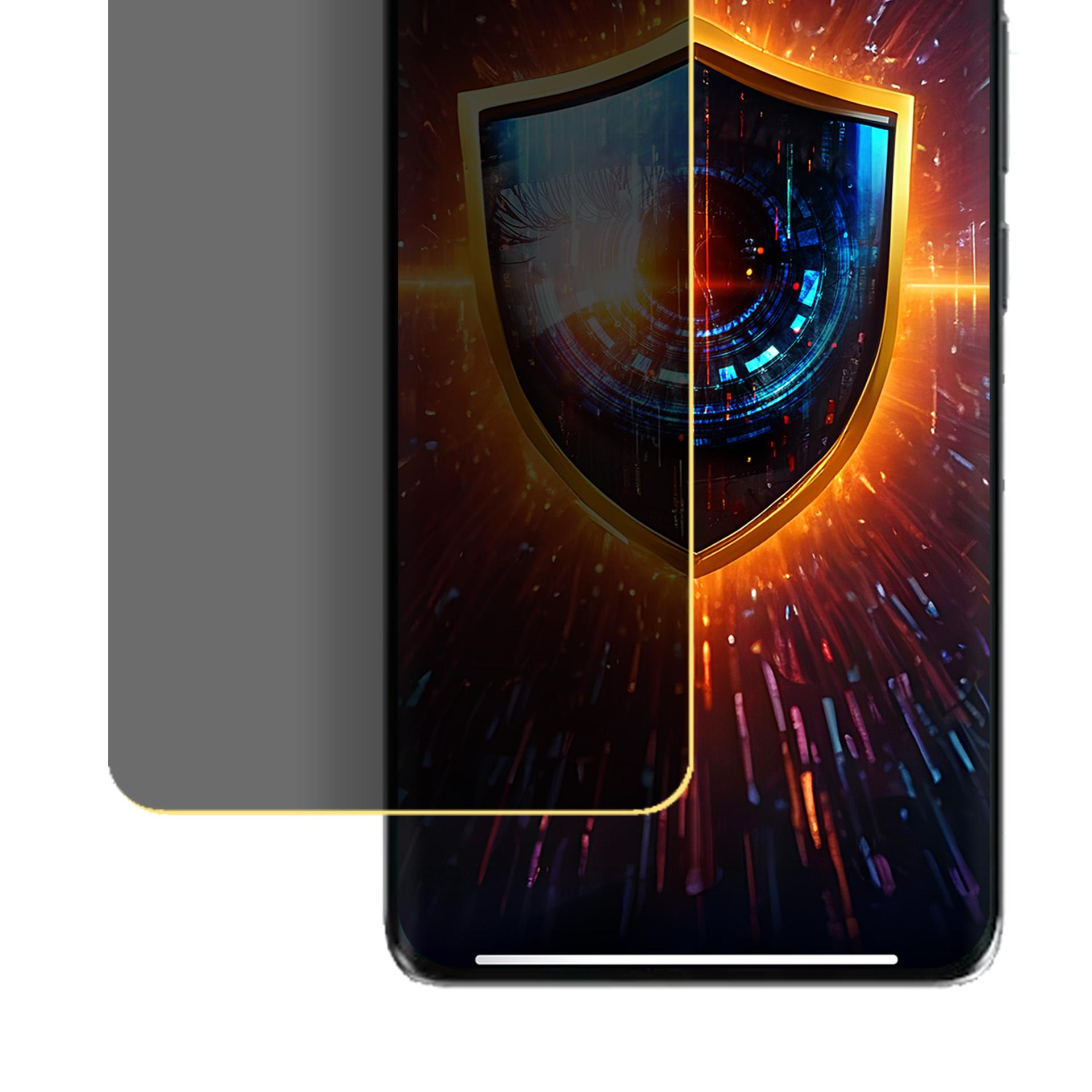 Telefono con protezione schermo. Lo schermo mostra uno scudo con design occhio ed elementi digitali blu e arancioni.