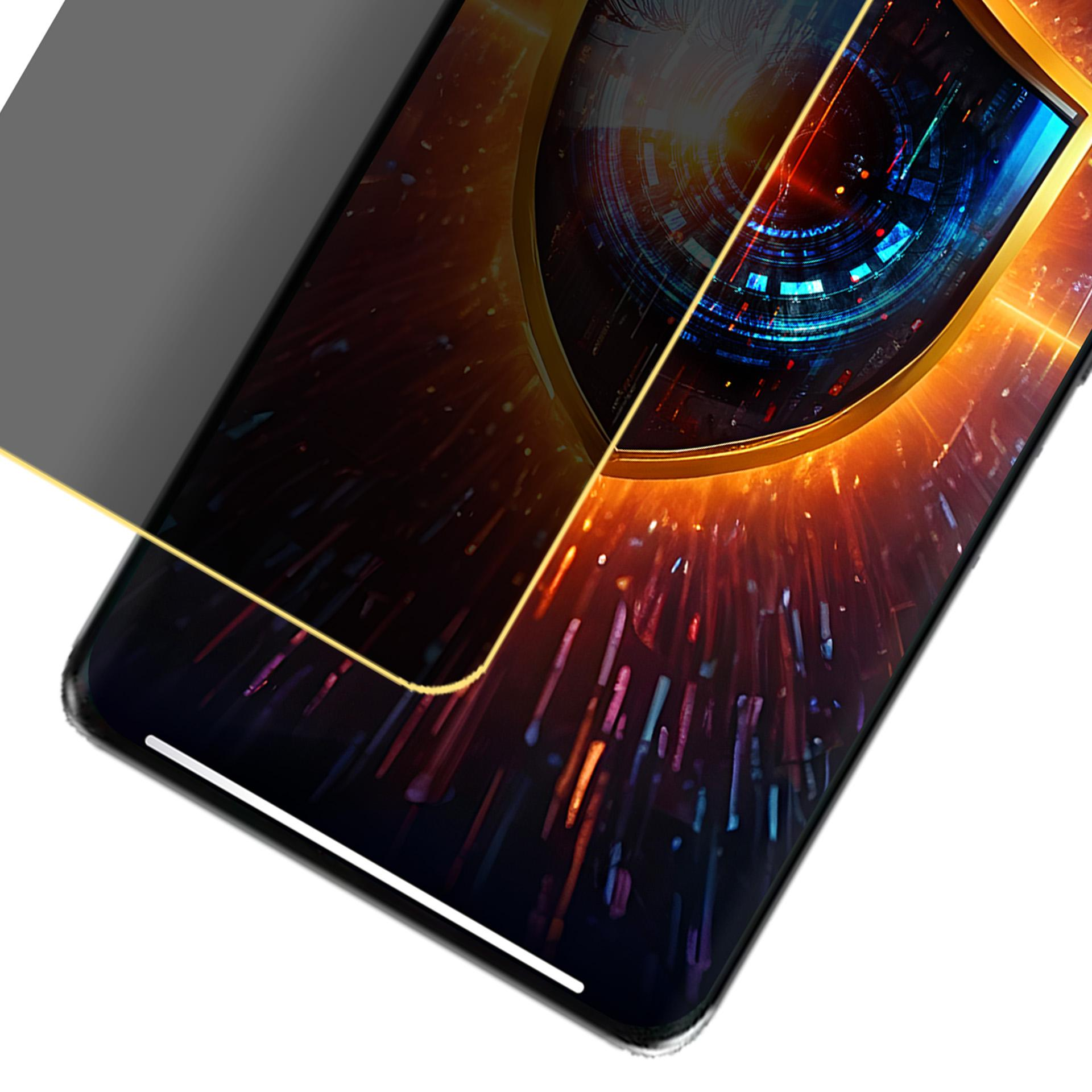 Smartphone che mostra un design futuristico. Uno scudo grigio copre lo schermo. Lo sfondo ha luci arancioni e blu.