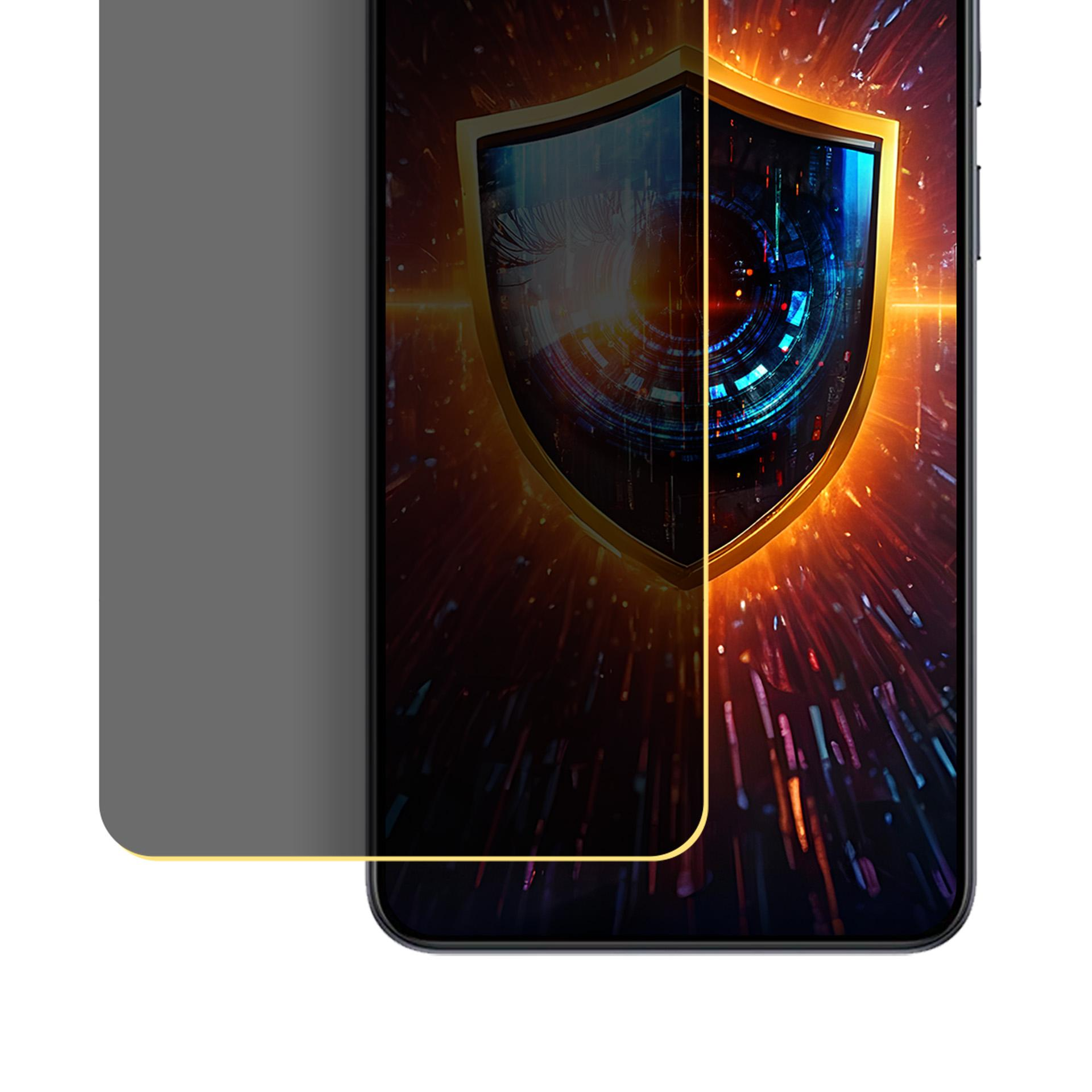 Protezione schermo per smartphone. Un grafico a scudo su un design digitale. Lo schermo è parzialmente coperto da una pellicola grigia.