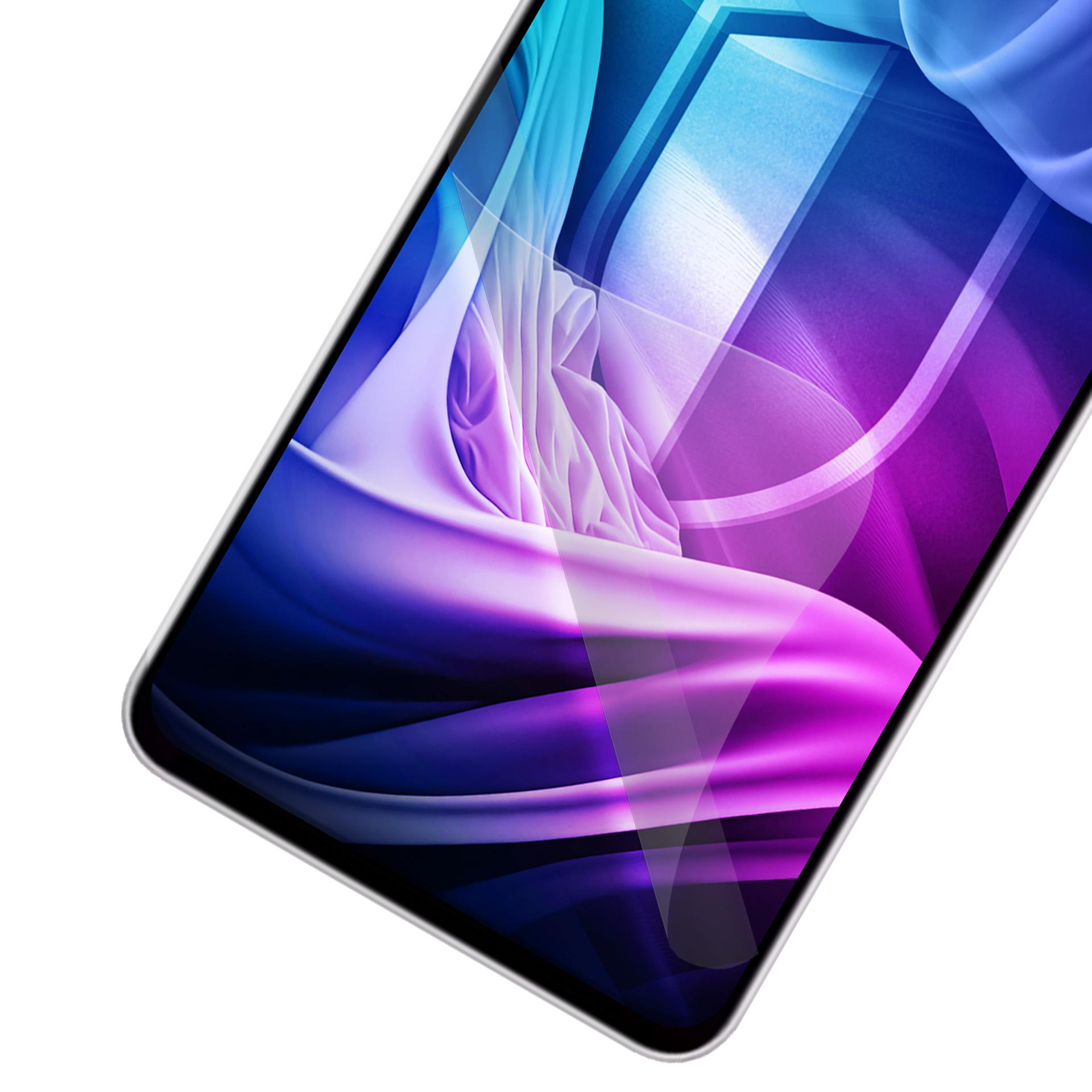 Uno smartphone angolato diagonalmente, che mostra un design astratto vibrante di forme fluenti viola, blu e bianche.