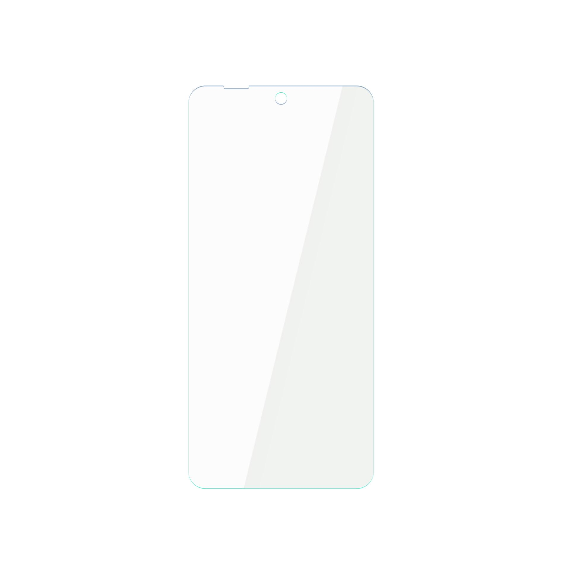 Un proteggi schermo rettangolare e trasparente per telefono, con una piccola tacca per la fotocamera e sfondo bianco.