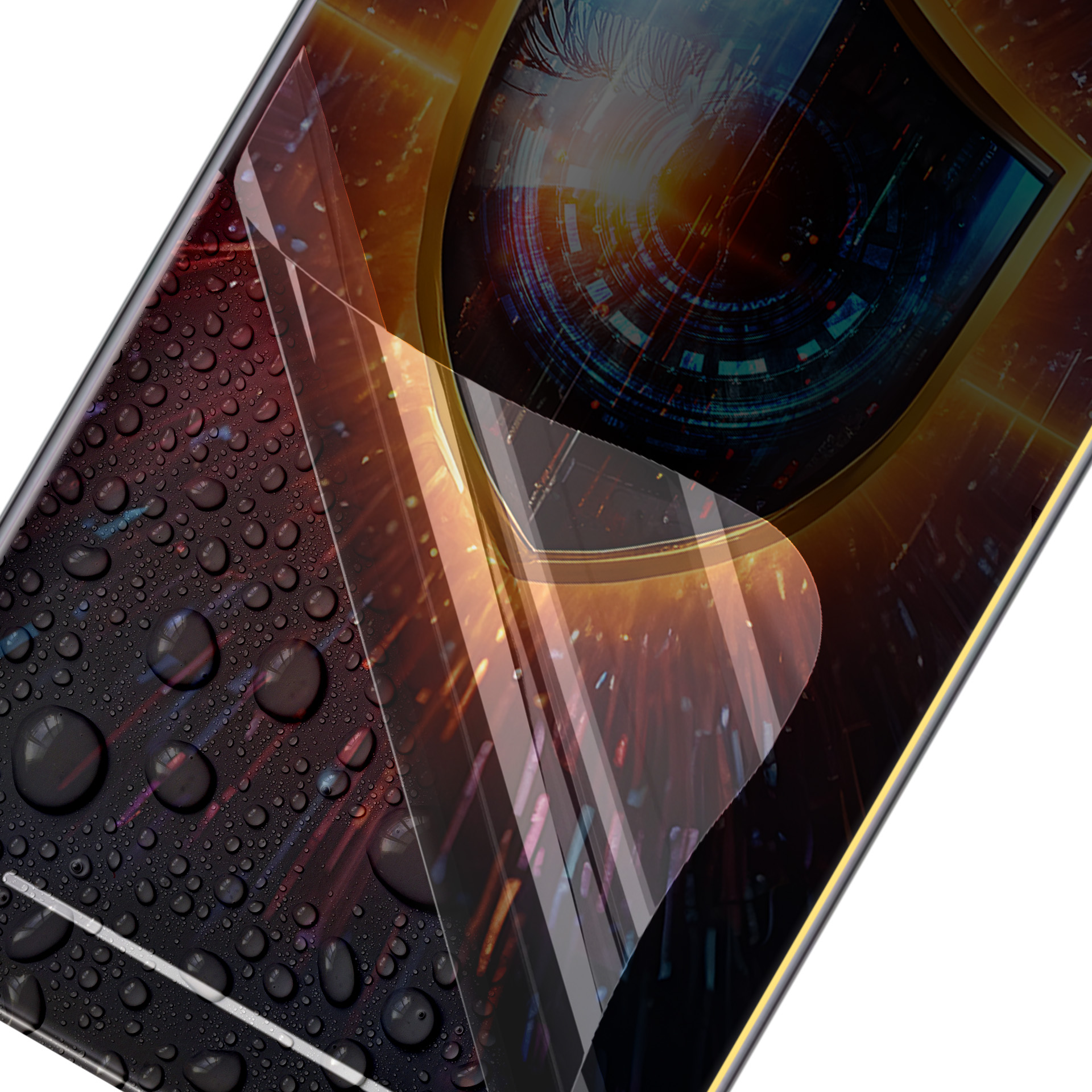 Un proteggi schermo per smartphone con design futuristico. Goccioline d'acqua coprono la superficie. Lo sfondo presenta motivi digitali colorati.