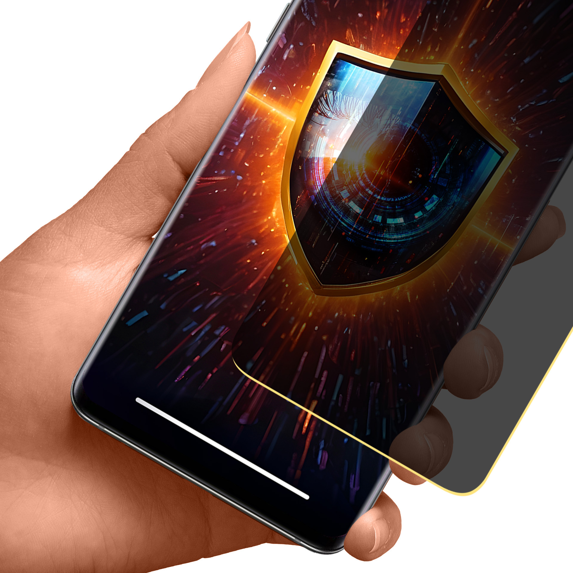 Una mano che tiene in mano uno smartphone, lo schermo mostra una grafica a scudo. Lo sfondo ha colori arancione e nero.