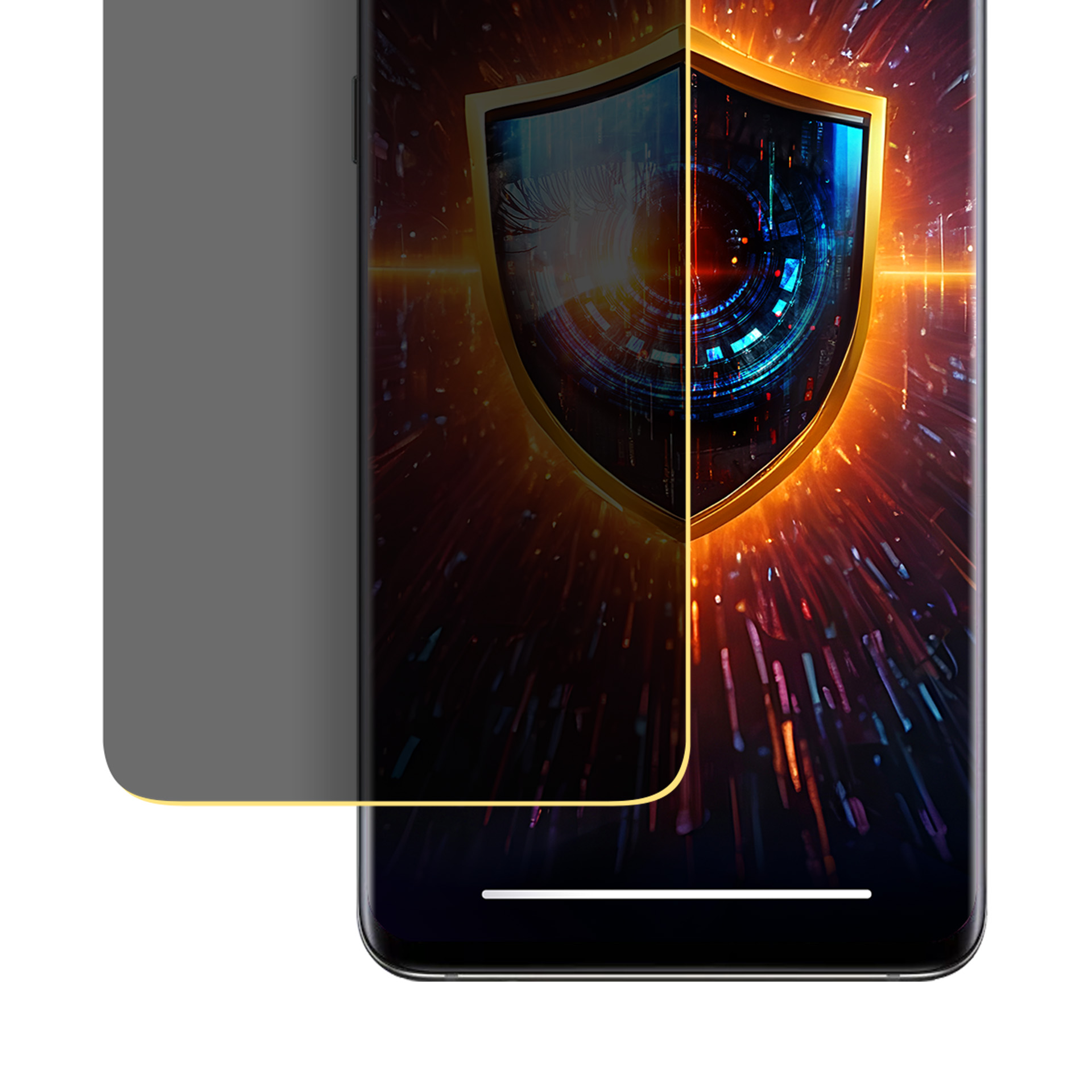 Smartphone con protezione schermo privacy. Lo schermo mostra uno scudo con design circuito luminoso.