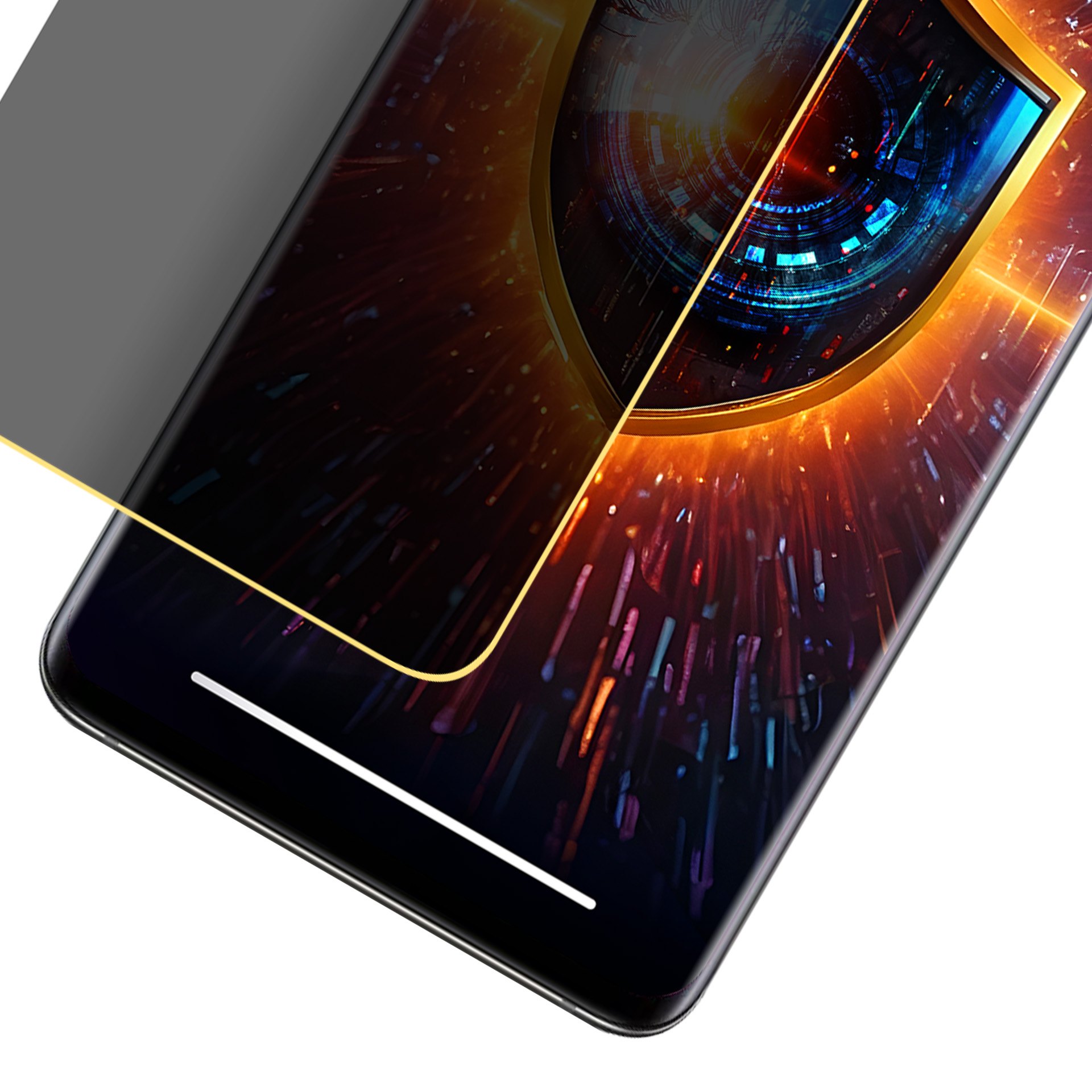 Uno schermo di smartphone che mostra una grafica a forma di occhio con un design complesso e colorato, sovrapposto con un filtro privacy.
