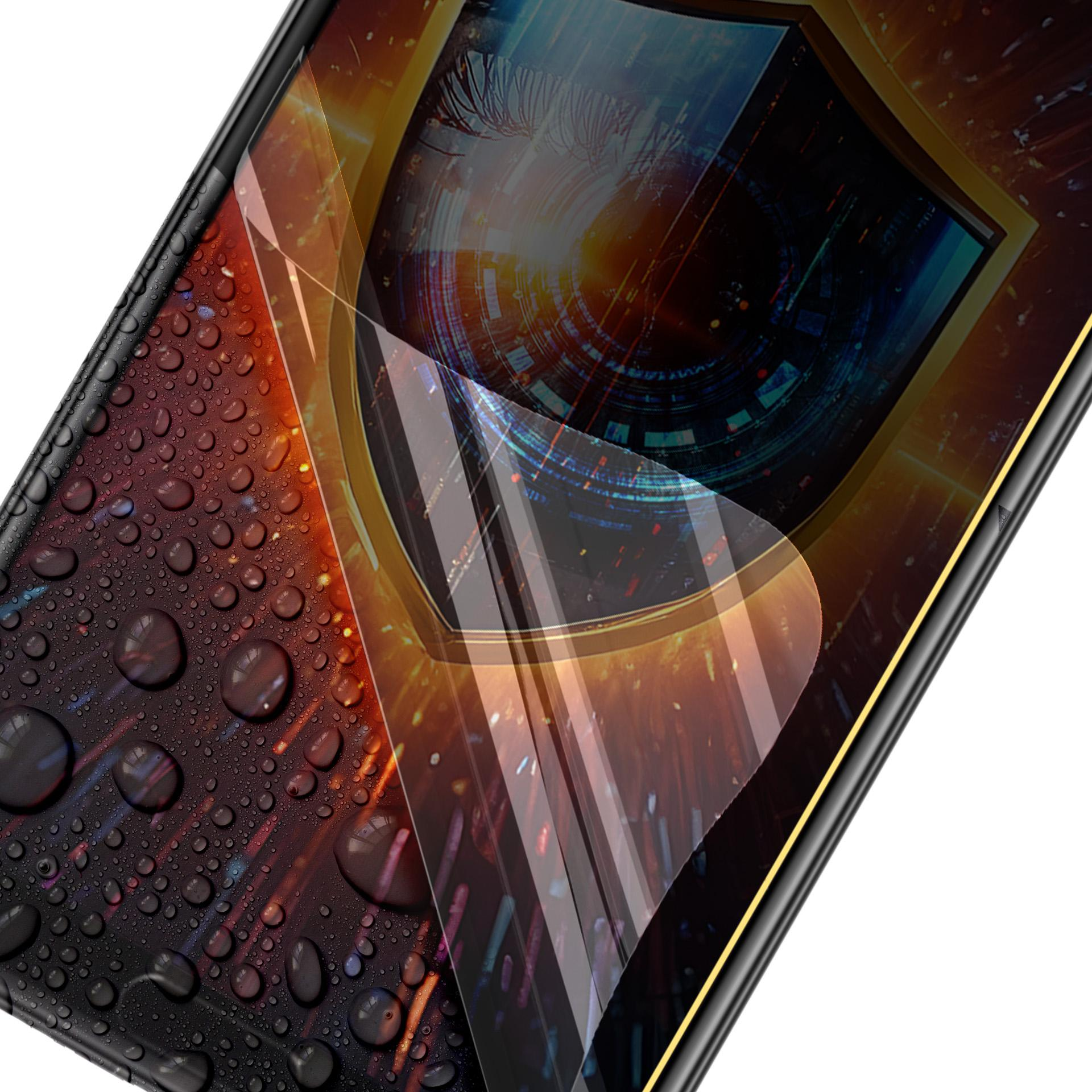 Folia ochronna na ekran telefonu z kroplami wody. Design w kształcie tarczy z okiem, warstwy z wzorami tech.