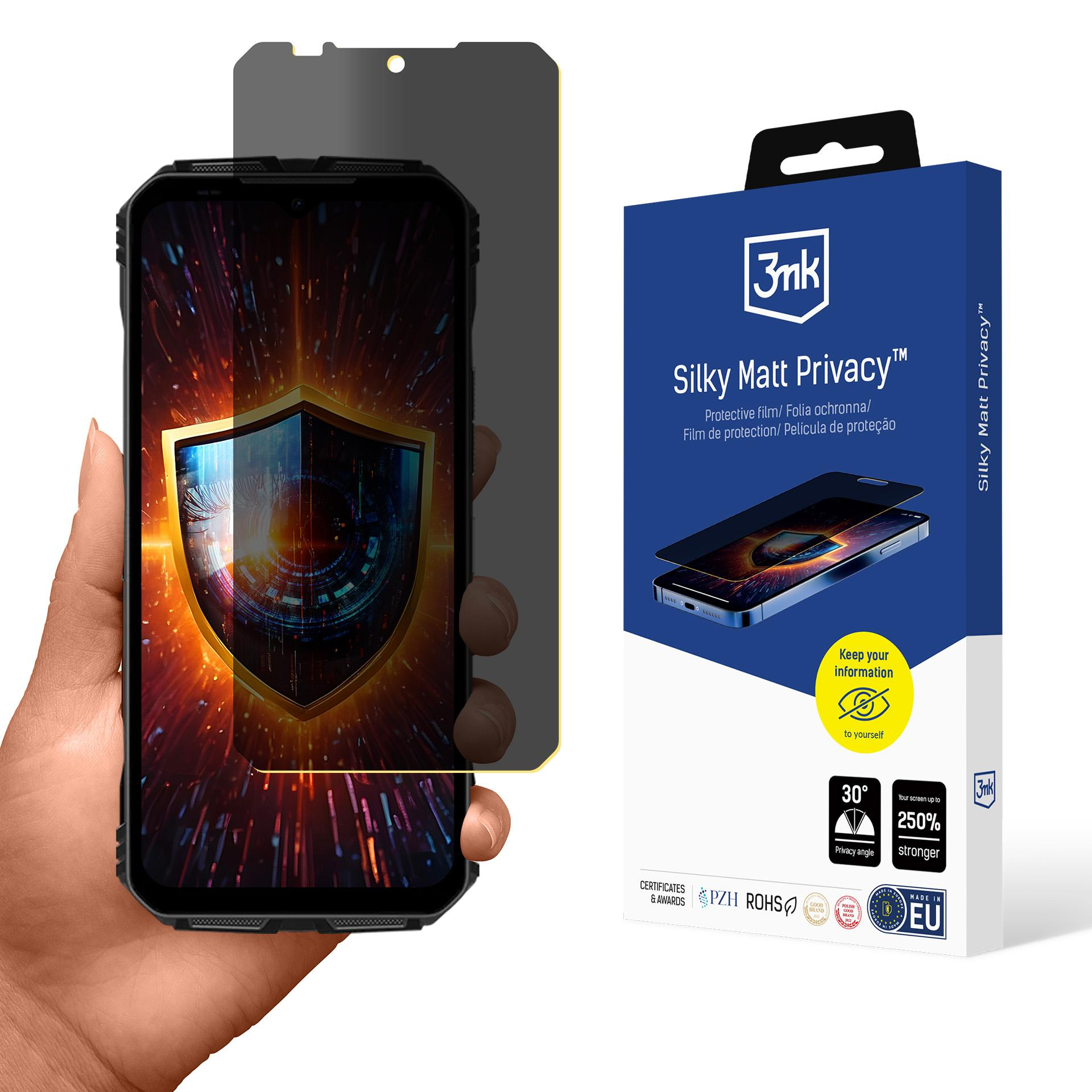 Ręka trzymająca telefon z osłoną ekranu, pudełko z nazwą produktu 'Silky Matt Privacy'.