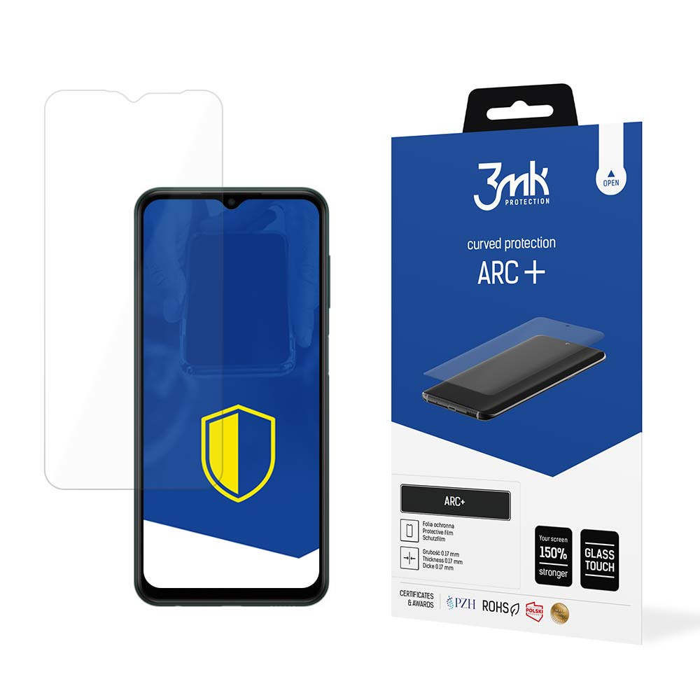 Smartfon z ochraniaczem ekranu i niebieskie pudełko z nazwą produktu i logo, zakrzywiona ochrona ARC+.