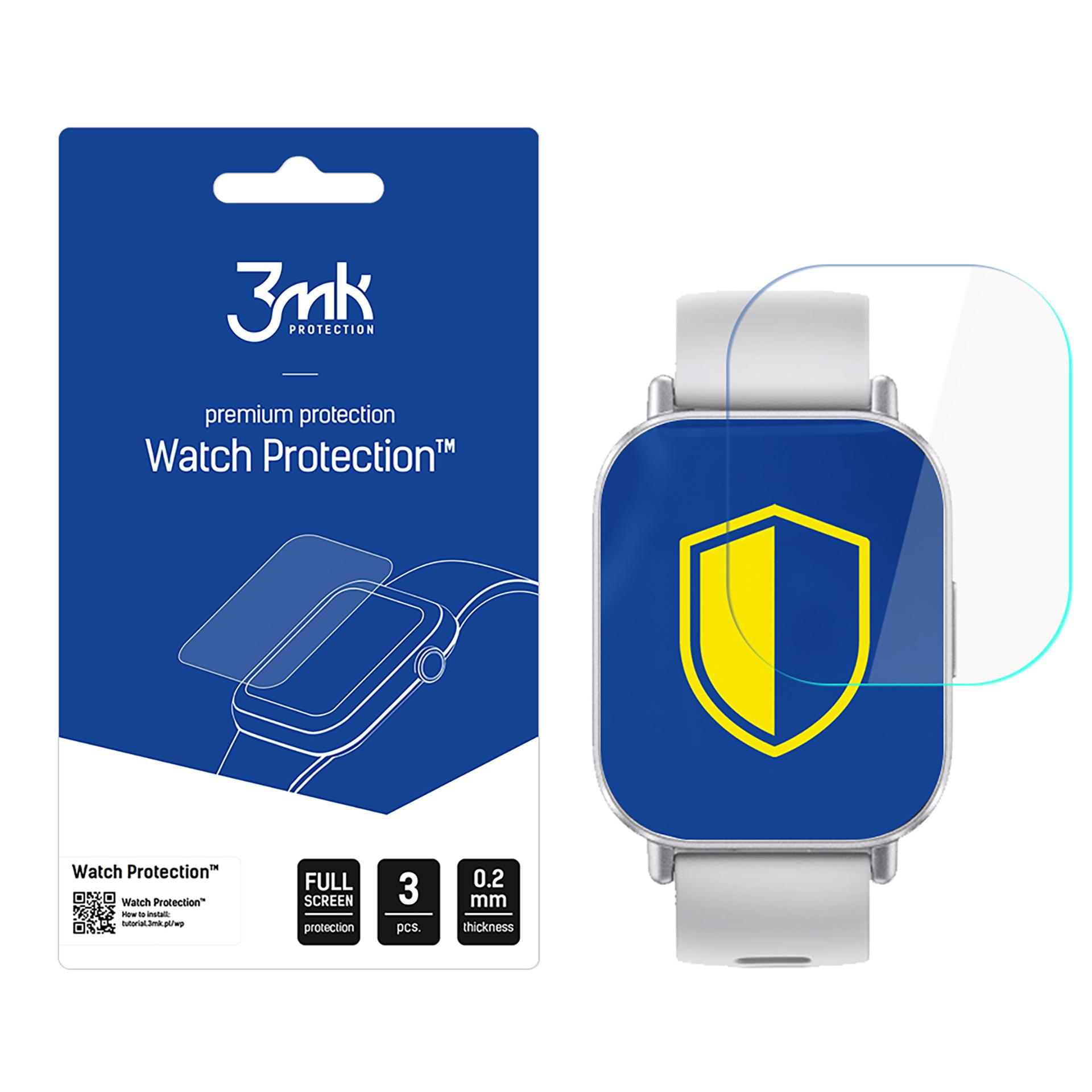 Uno smartwatch con protezione schermo. La confezione è blu con testo bianco e un logo.