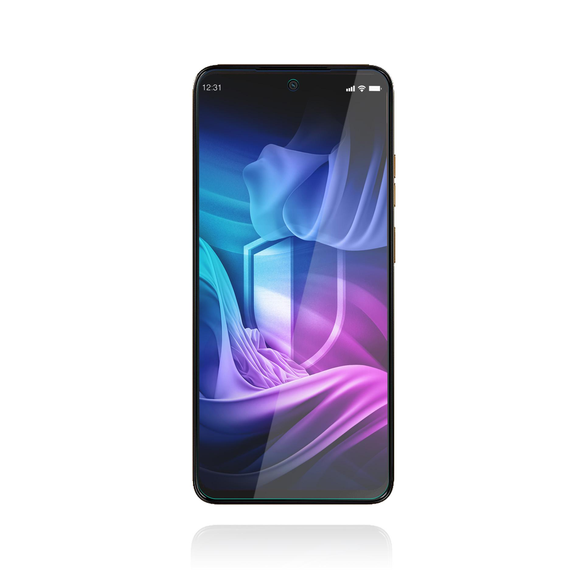 Smartfon wyświetla grafikę tarczy. Ekran ma gradientowe tło w kolorach niebieskim, turkusowym i fioletowym.