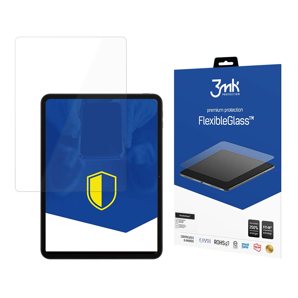 Tablet z ochraniaczem ekranu i niebiesko-białe pudełko z napisem 'FlexibleGlass'.